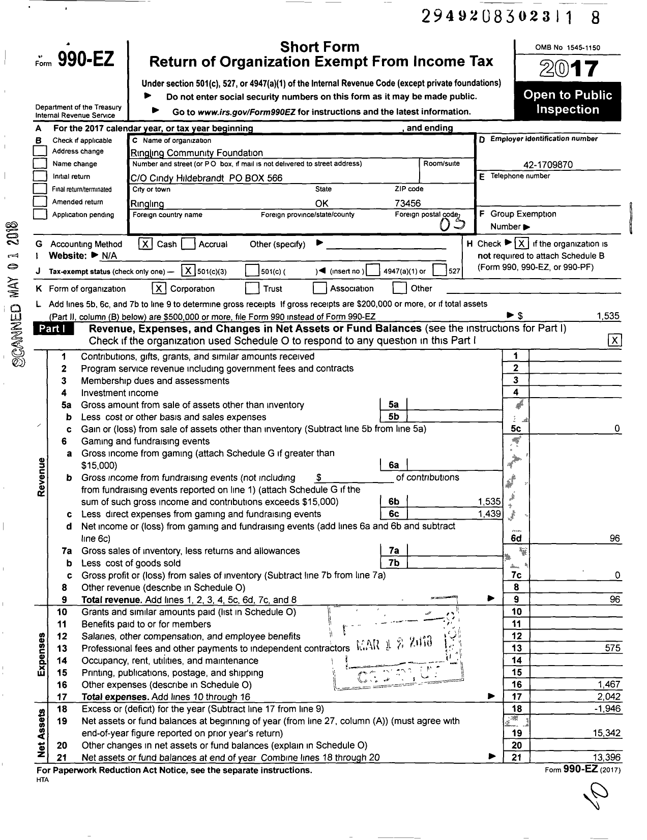 Image of first page of 2017 Form 990EZ for Ringling Community Foundation