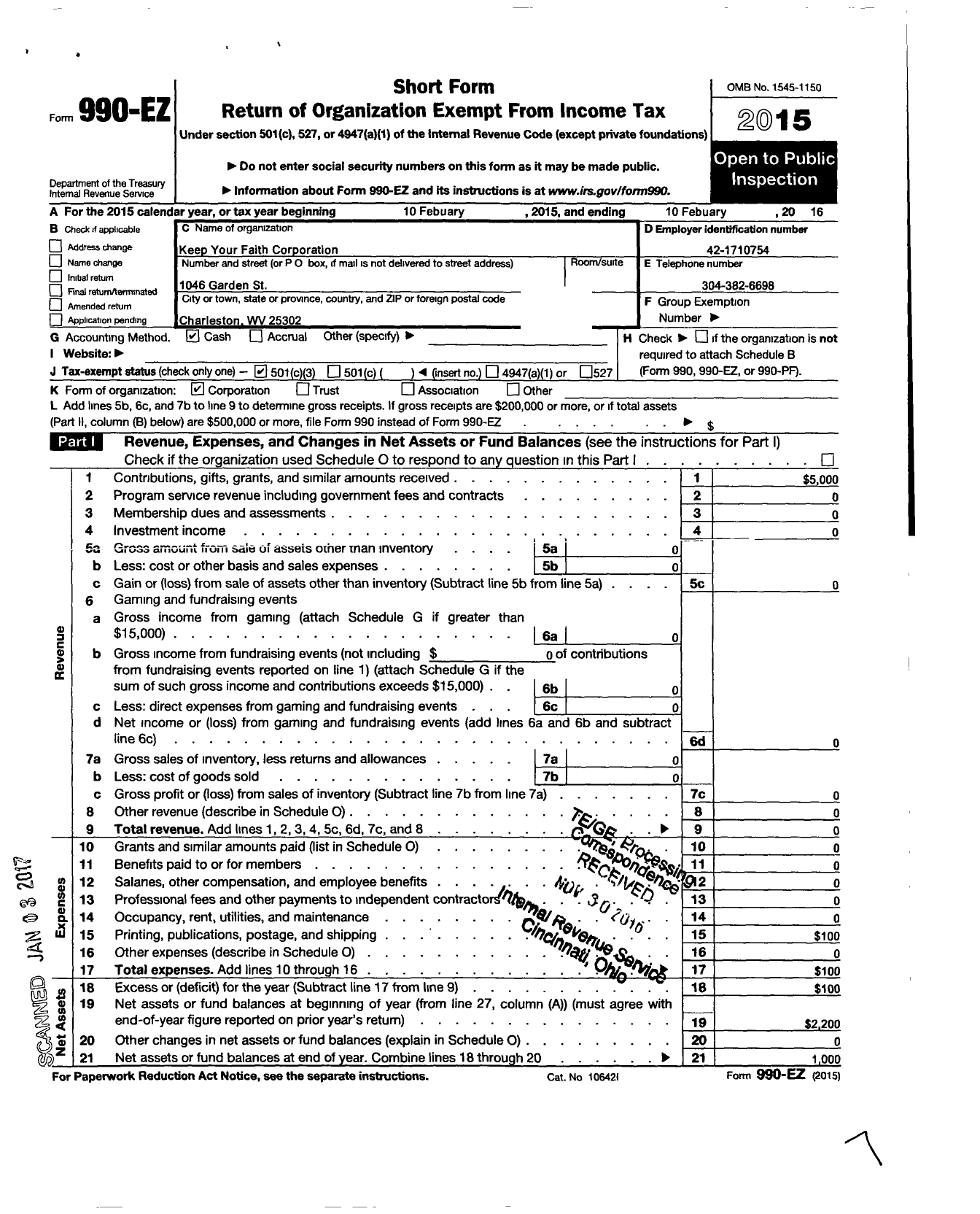 Image of first page of 2015 Form 990EZ for Keep Your Faith Corporation