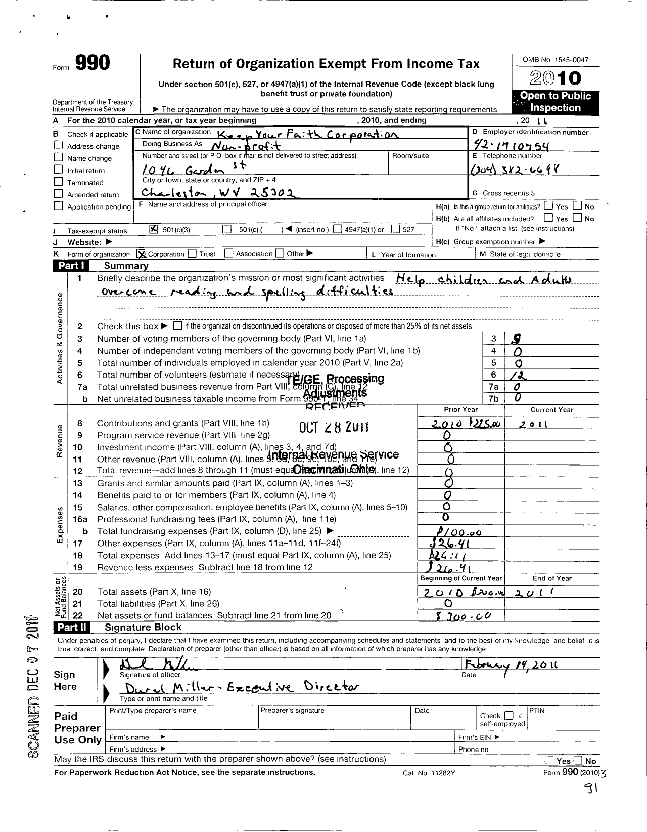 Image of first page of 2011 Form 990 for Keep Your Faith Corporation