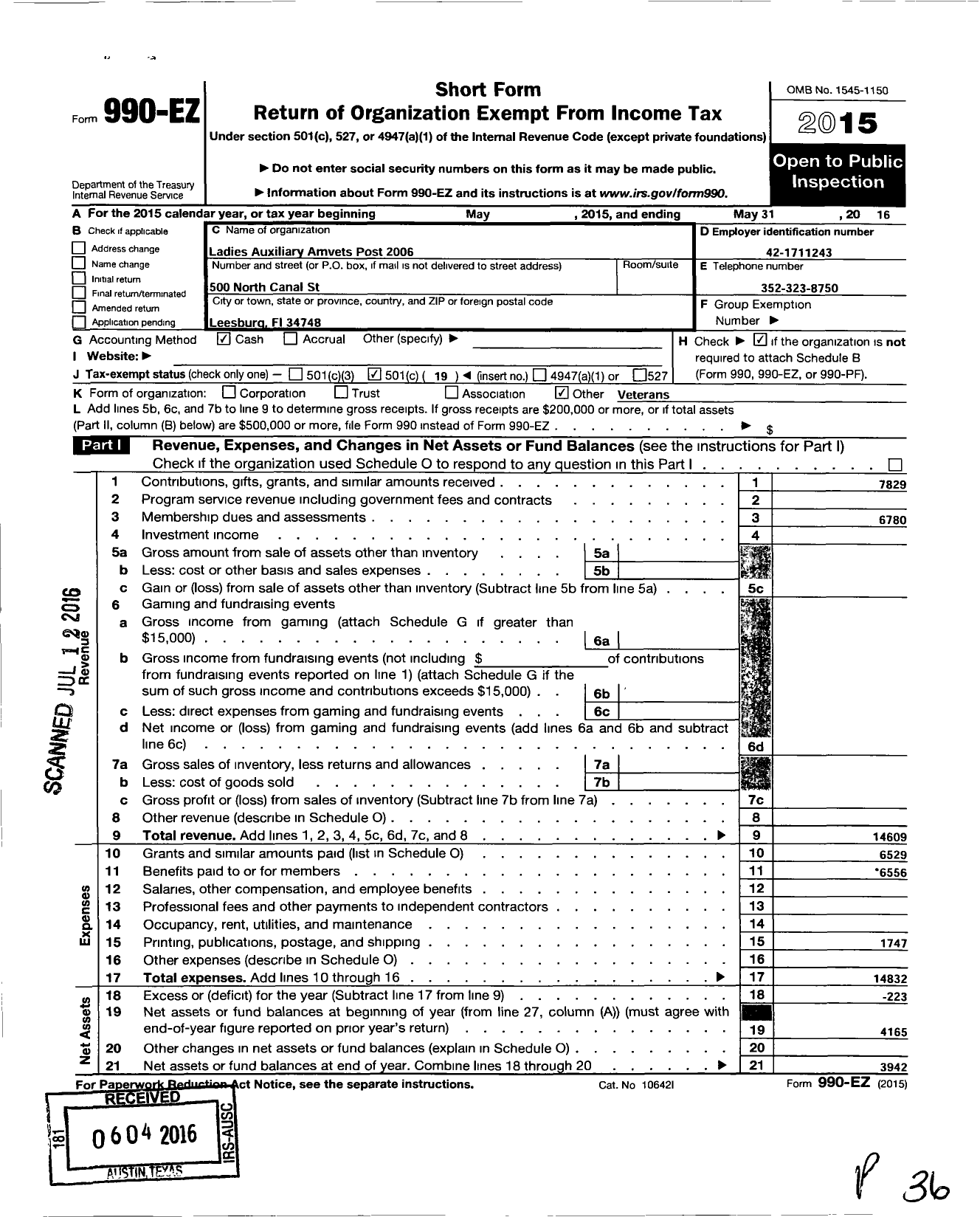 Image of first page of 2015 Form 990EO for Amvets - 2006