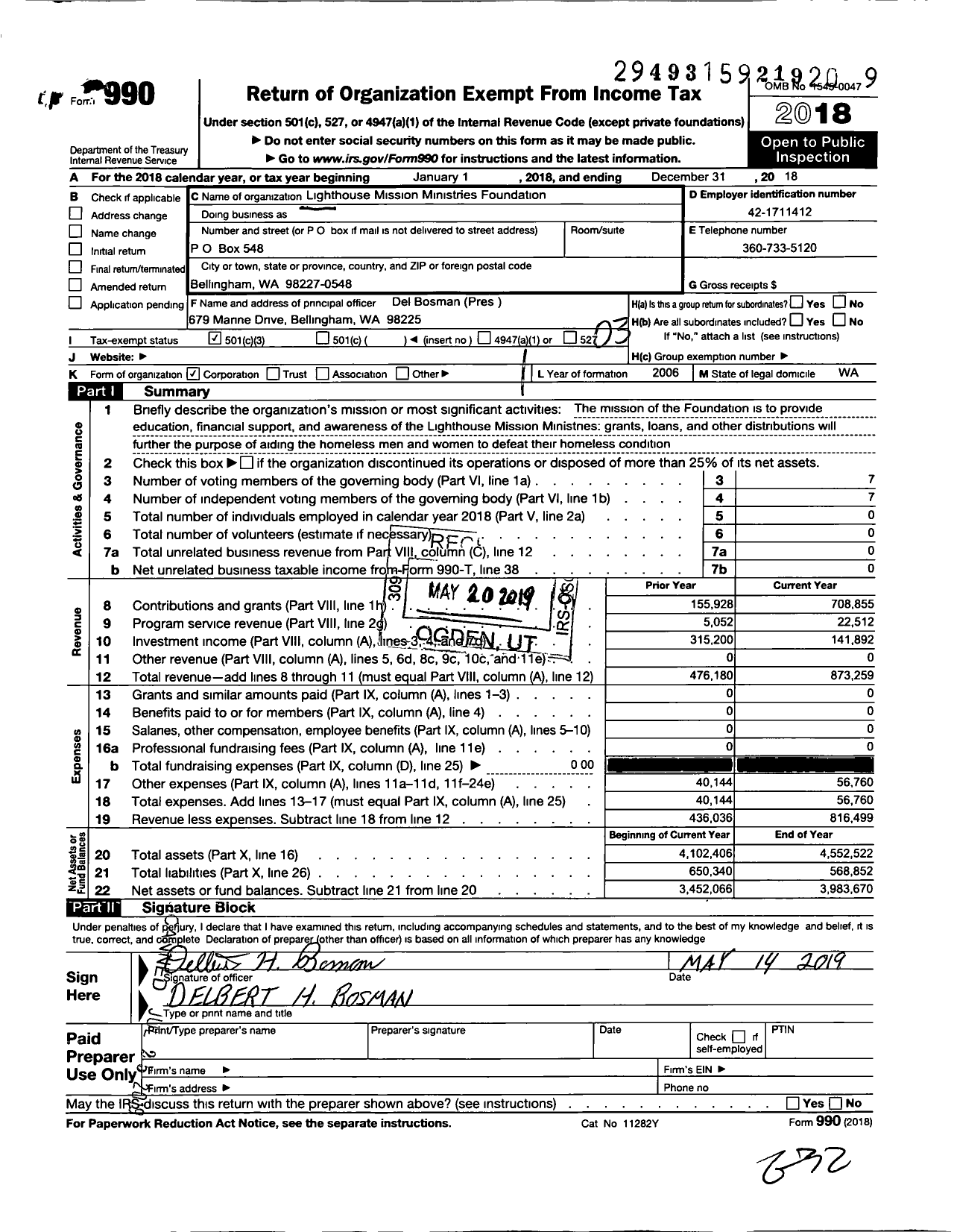 Image of first page of 2018 Form 990 for Lighthouse Mission Ministries Foundation