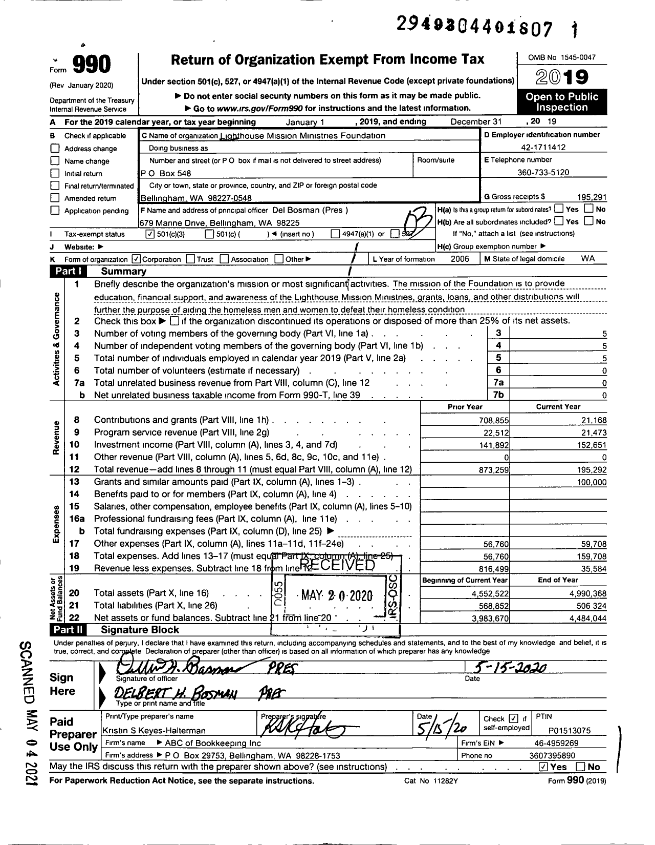 Image of first page of 2019 Form 990 for Lighthouse Mission Ministries Foundation