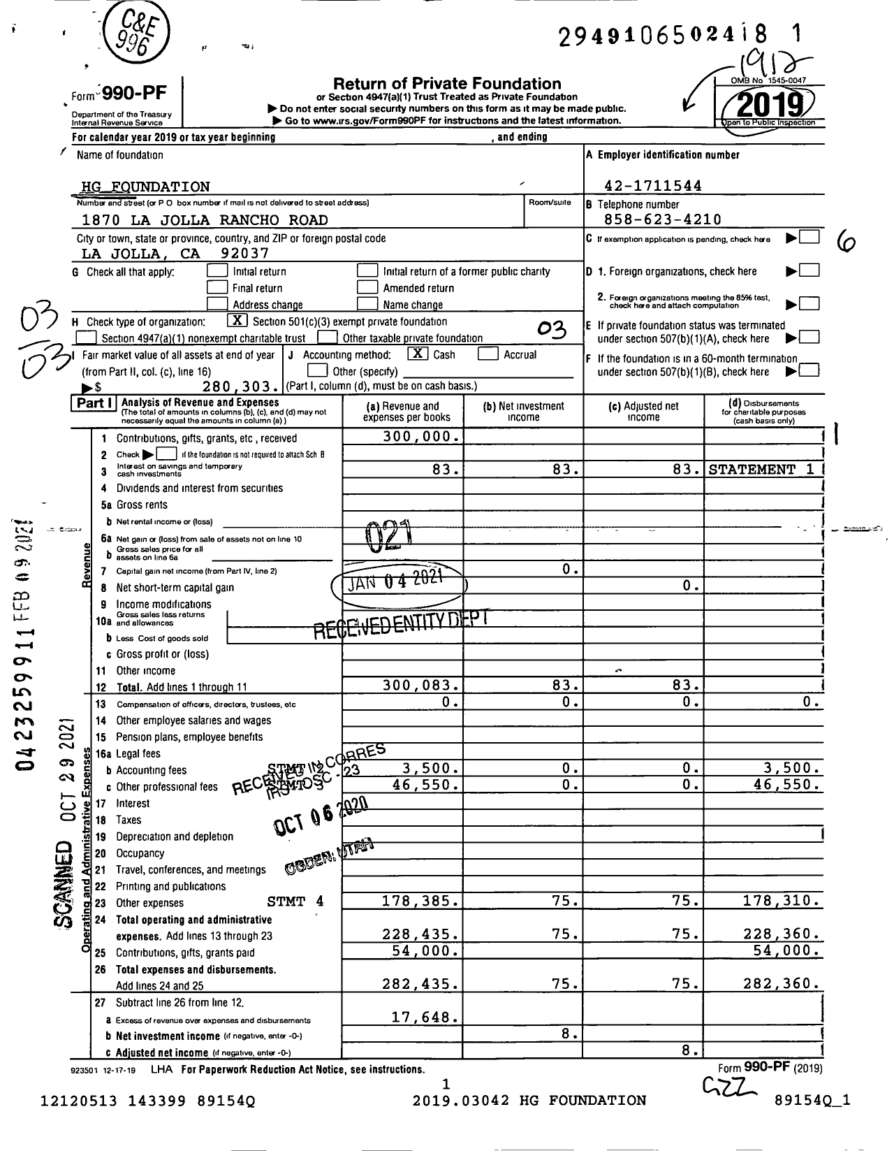 Image of first page of 2019 Form 990PF for HG Foundation