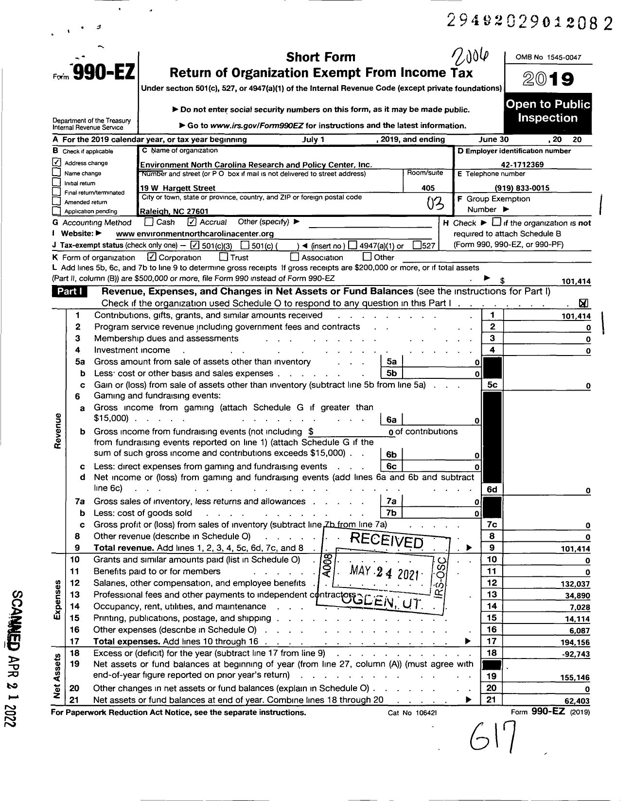 Image of first page of 2019 Form 990EZ for Environment North Carolina Research and Policy Center