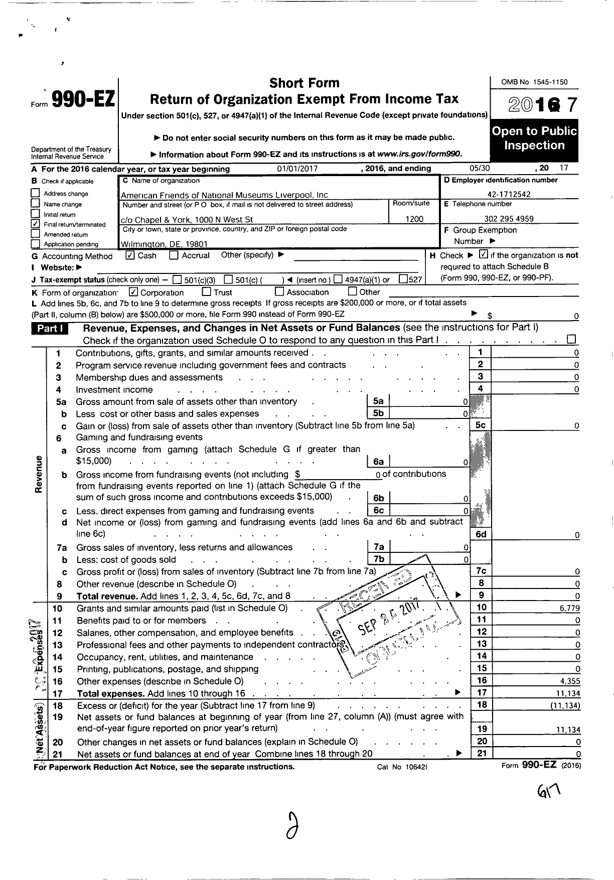 Image of first page of 2016 Form 990EO for American Friends of National Museums Liverpool