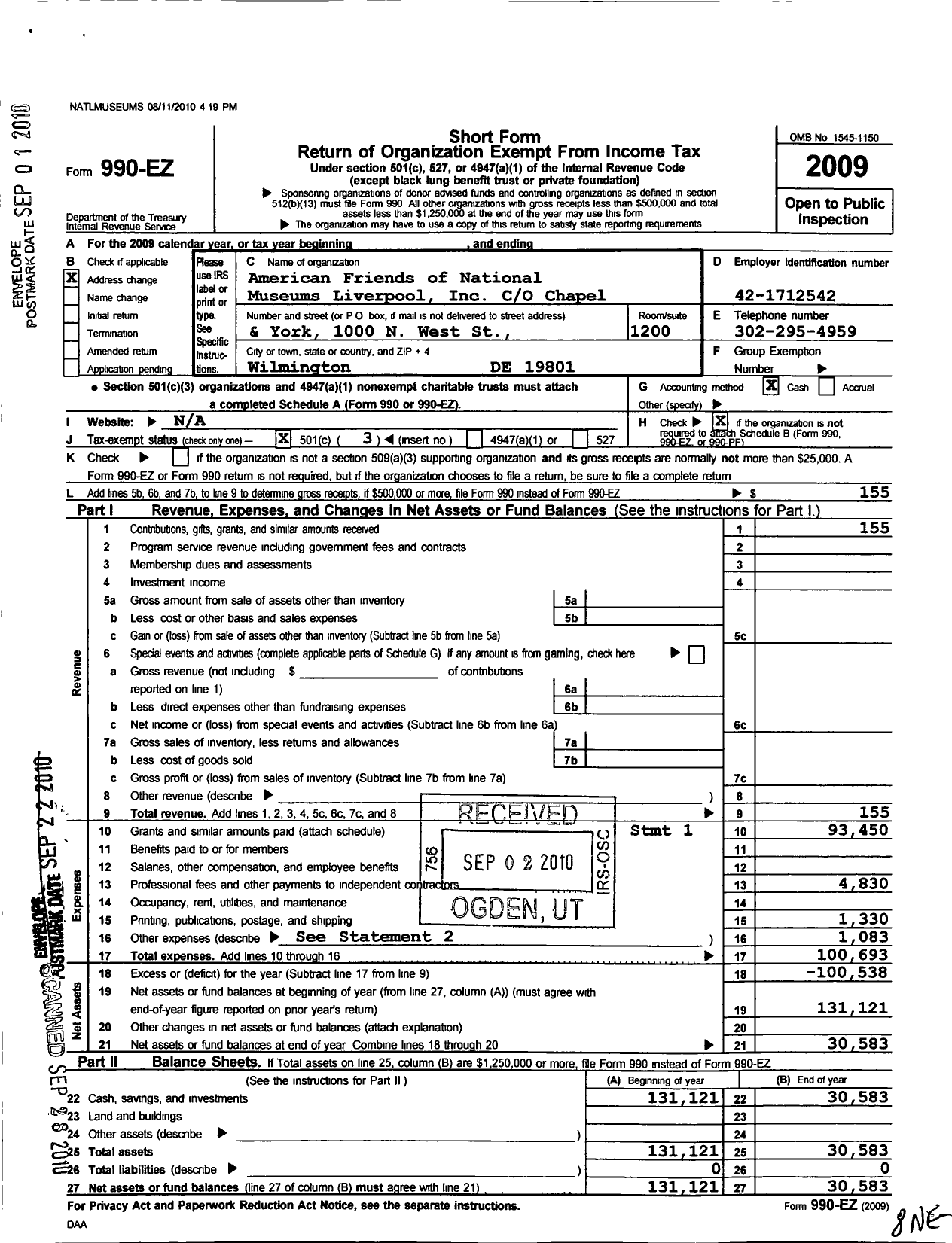 Image of first page of 2009 Form 990EZ for American Friends of National Museums Liverpool