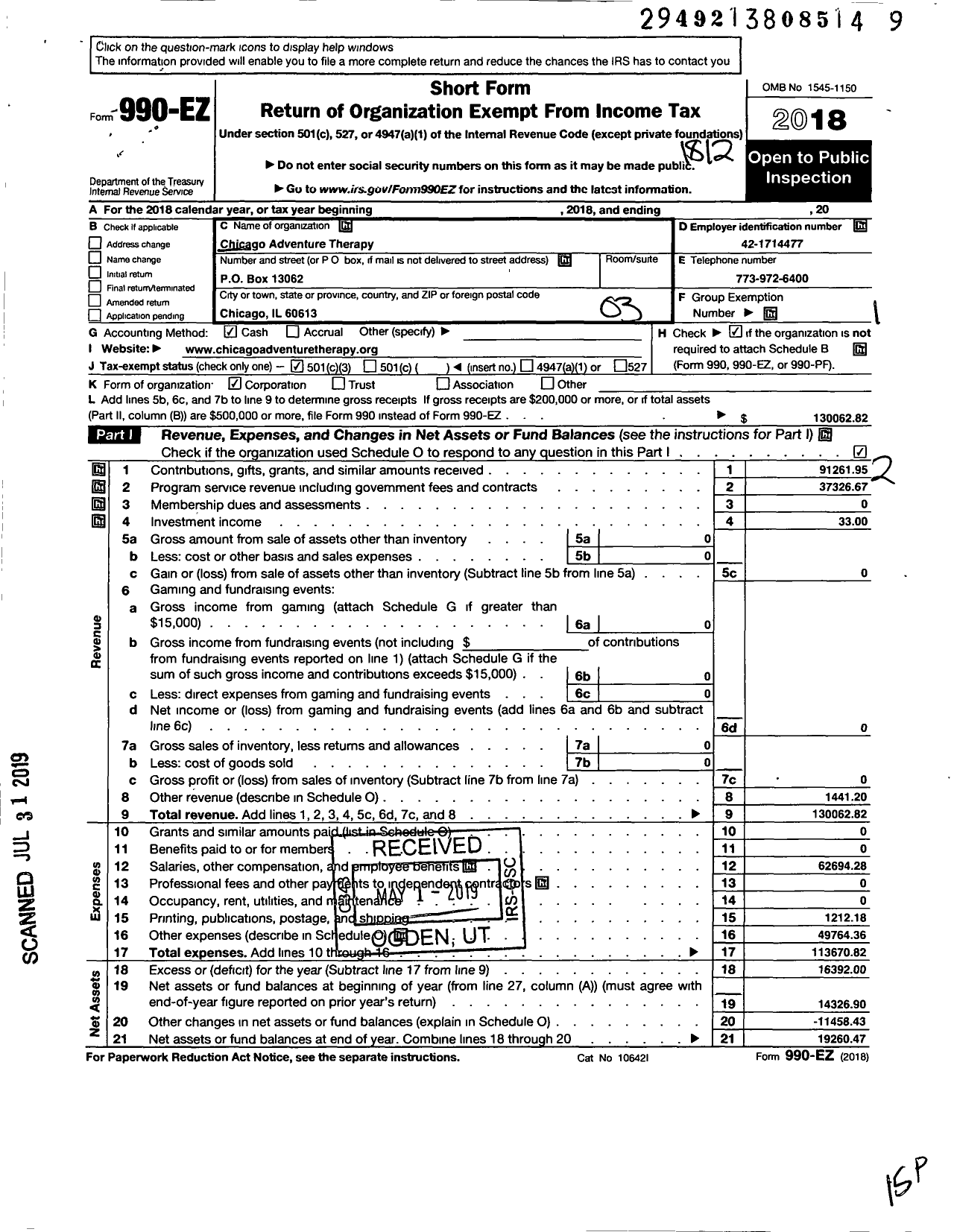 Image of first page of 2018 Form 990EZ for Chicago Adventure Therapy NFP