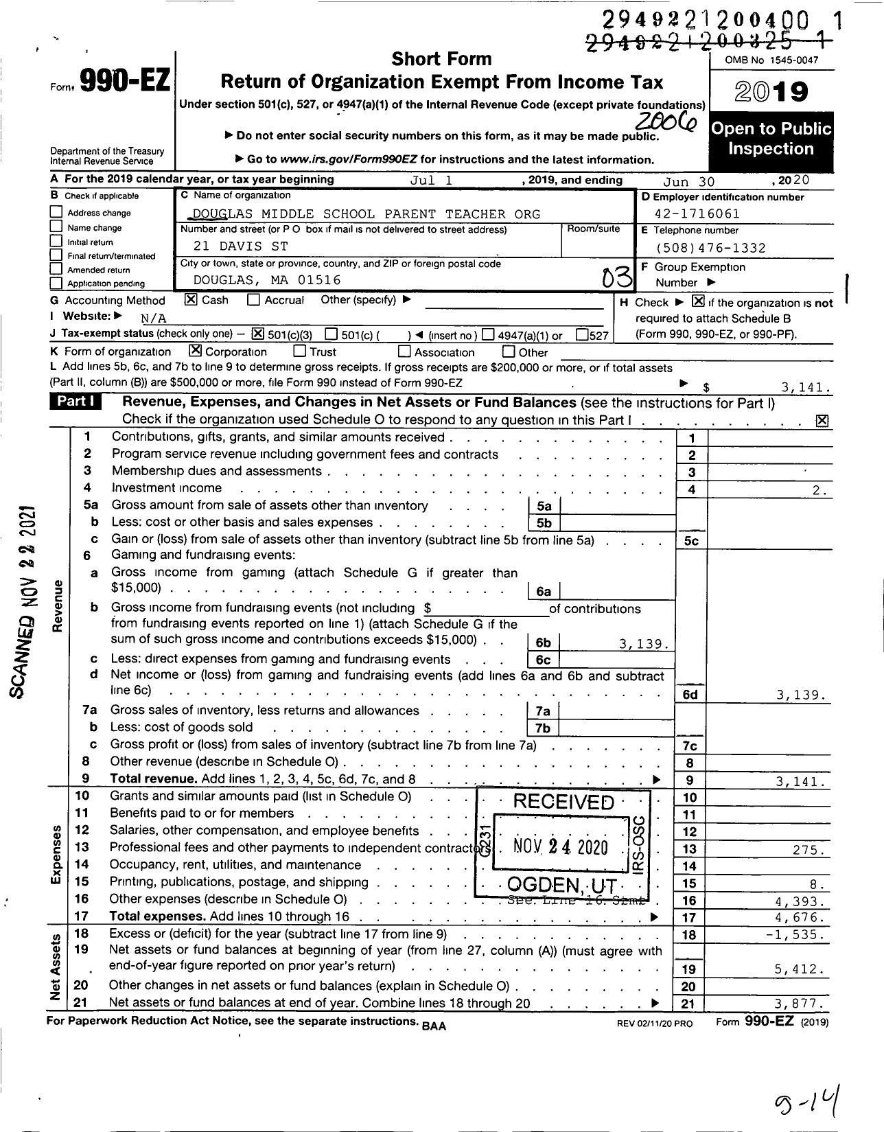 Image of first page of 2019 Form 990EZ for Douglas Middle School Parent Teacher Org