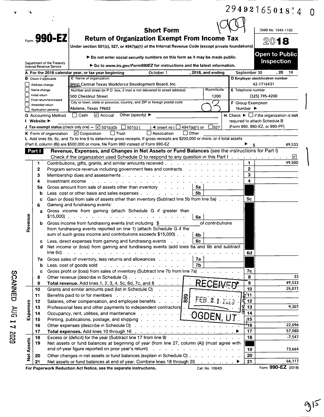 Image of first page of 2018 Form 990EZ for West Central Texas Workforce Development Board