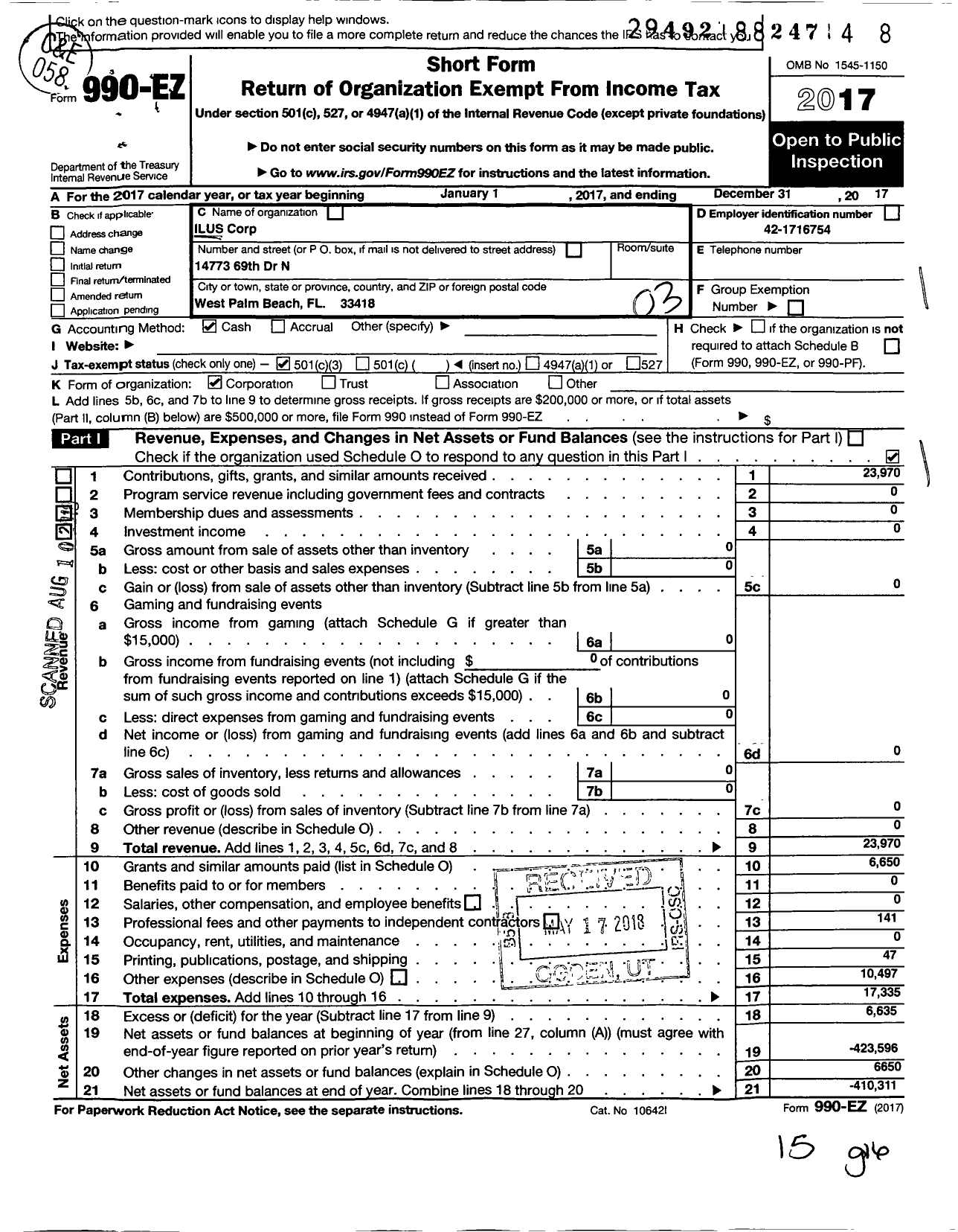 Image of first page of 2017 Form 990EZ for Ilus Corporation