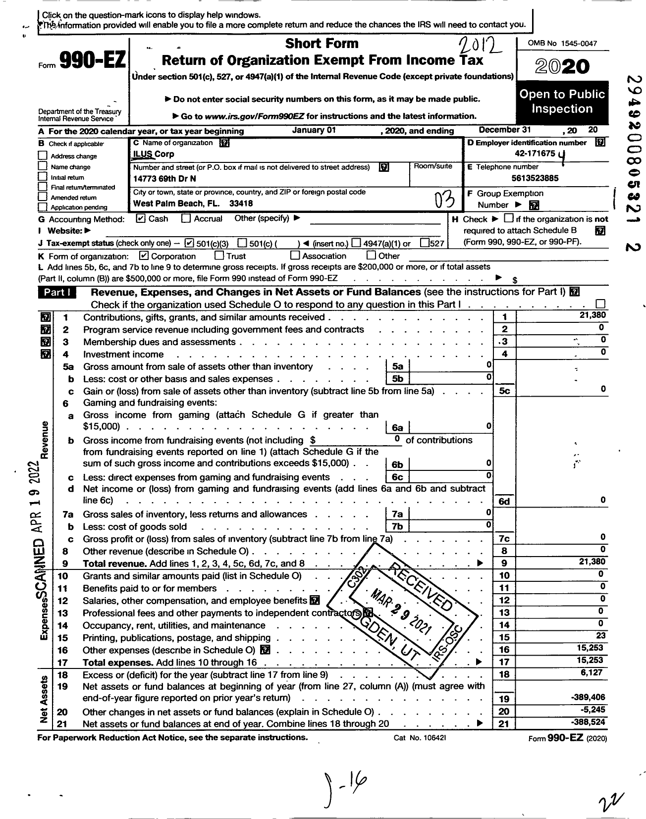 Image of first page of 2020 Form 990EZ for Ilus Corporation