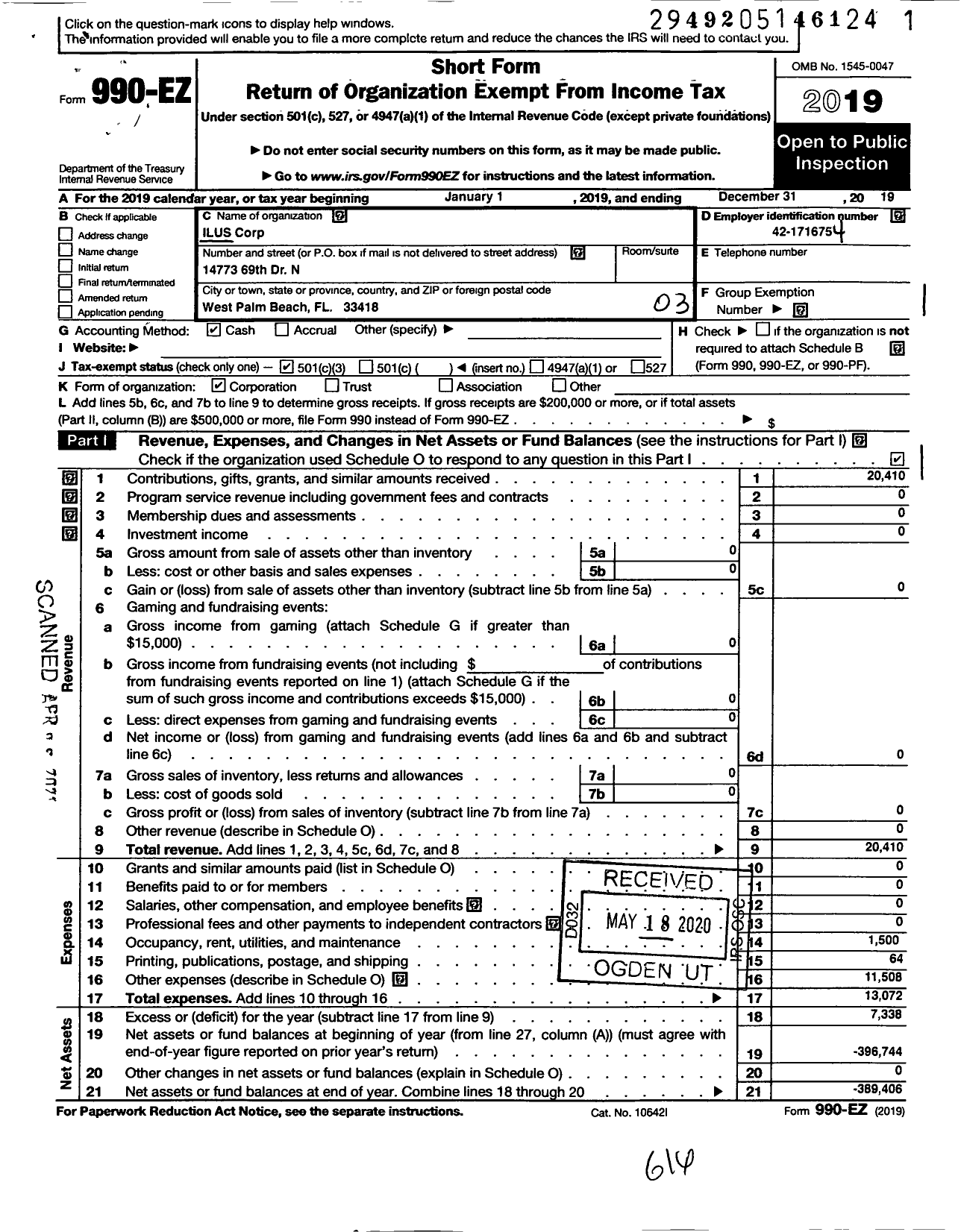 Image of first page of 2019 Form 990EZ for Ilus Corporation