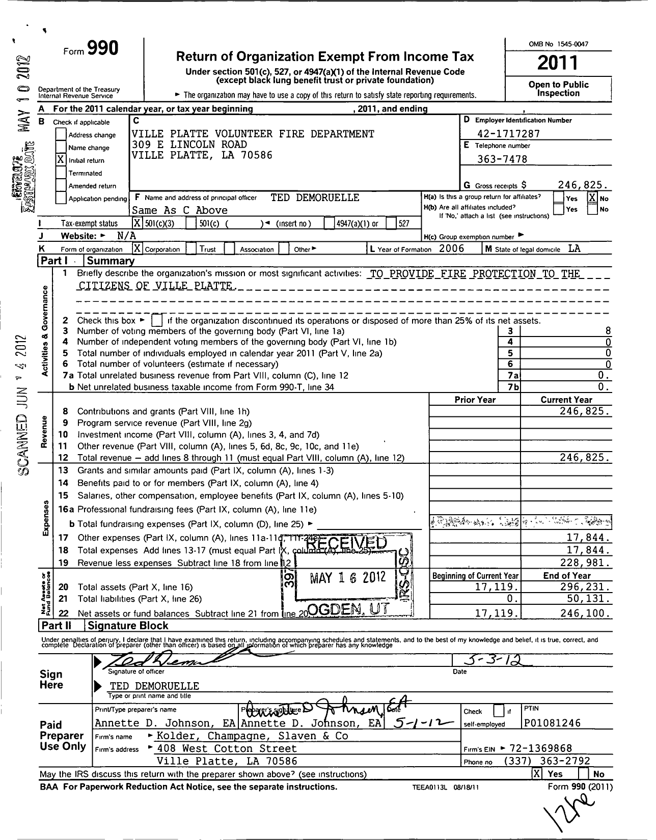 Image of first page of 2011 Form 990 for Ville Platte Volunteer Fire Department