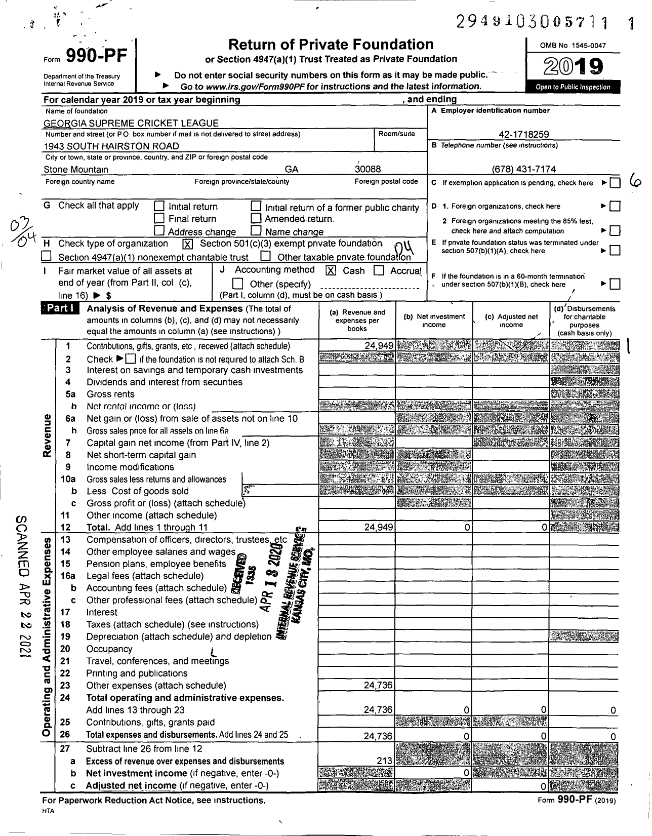 Image of first page of 2019 Form 990PF for Georgia Supreme Cricket League