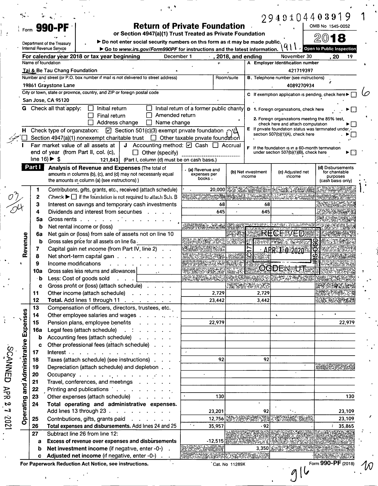 Image of first page of 2018 Form 990PF for Tai & Be Tau Chang Foundation