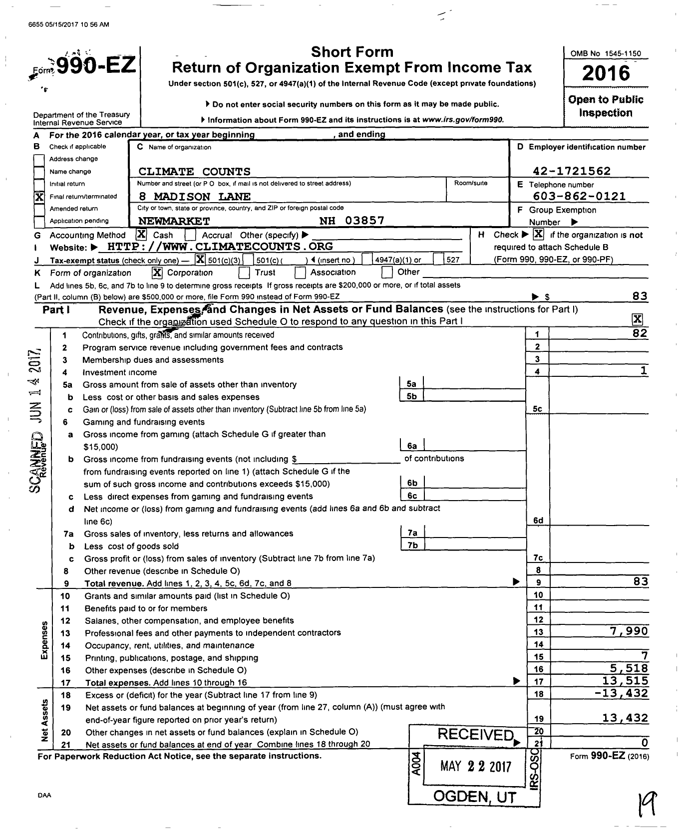 Image of first page of 2016 Form 990EZ for Climate Counts