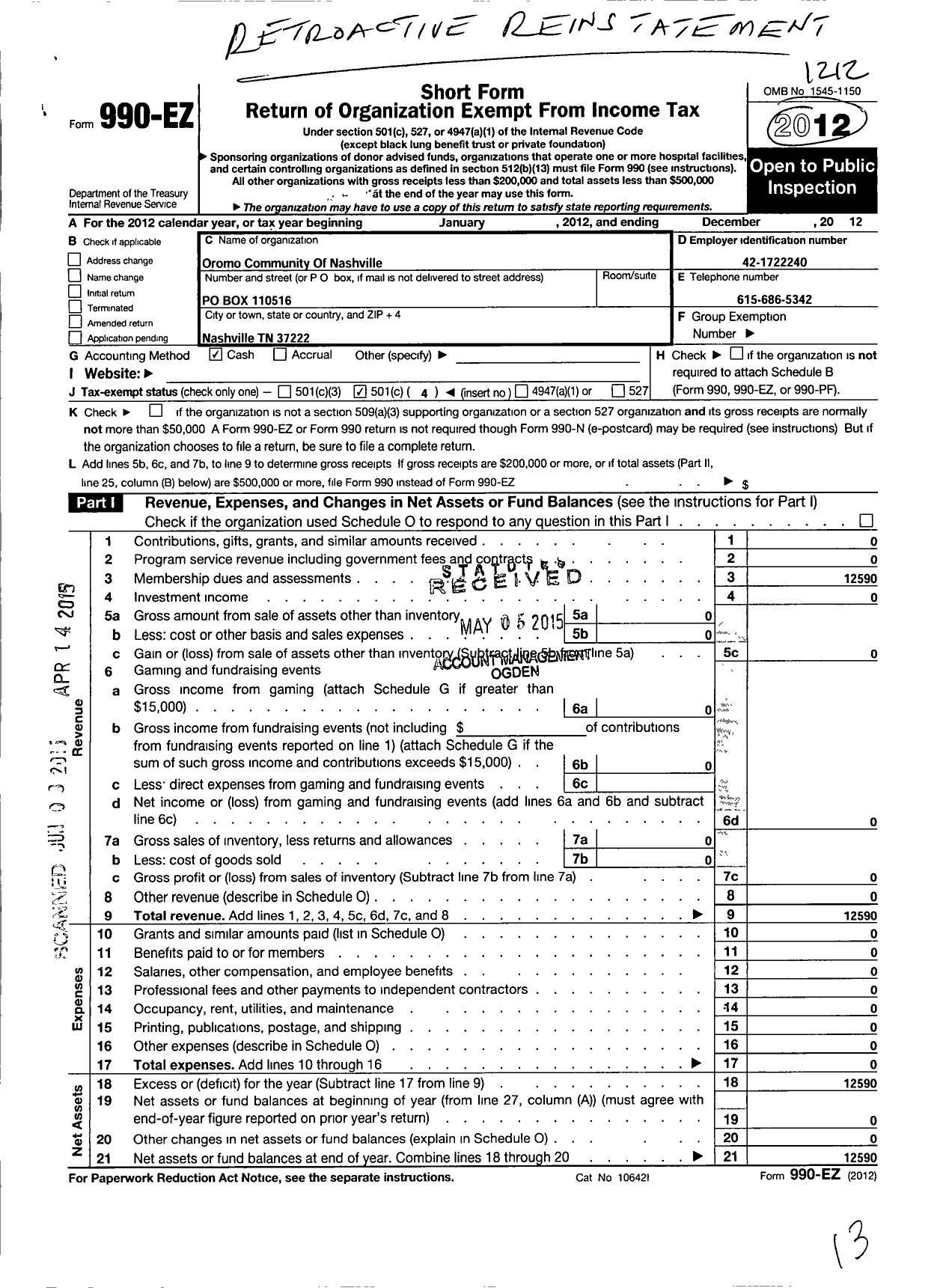 Image of first page of 2012 Form 990EO for Oromo Community of Nashville