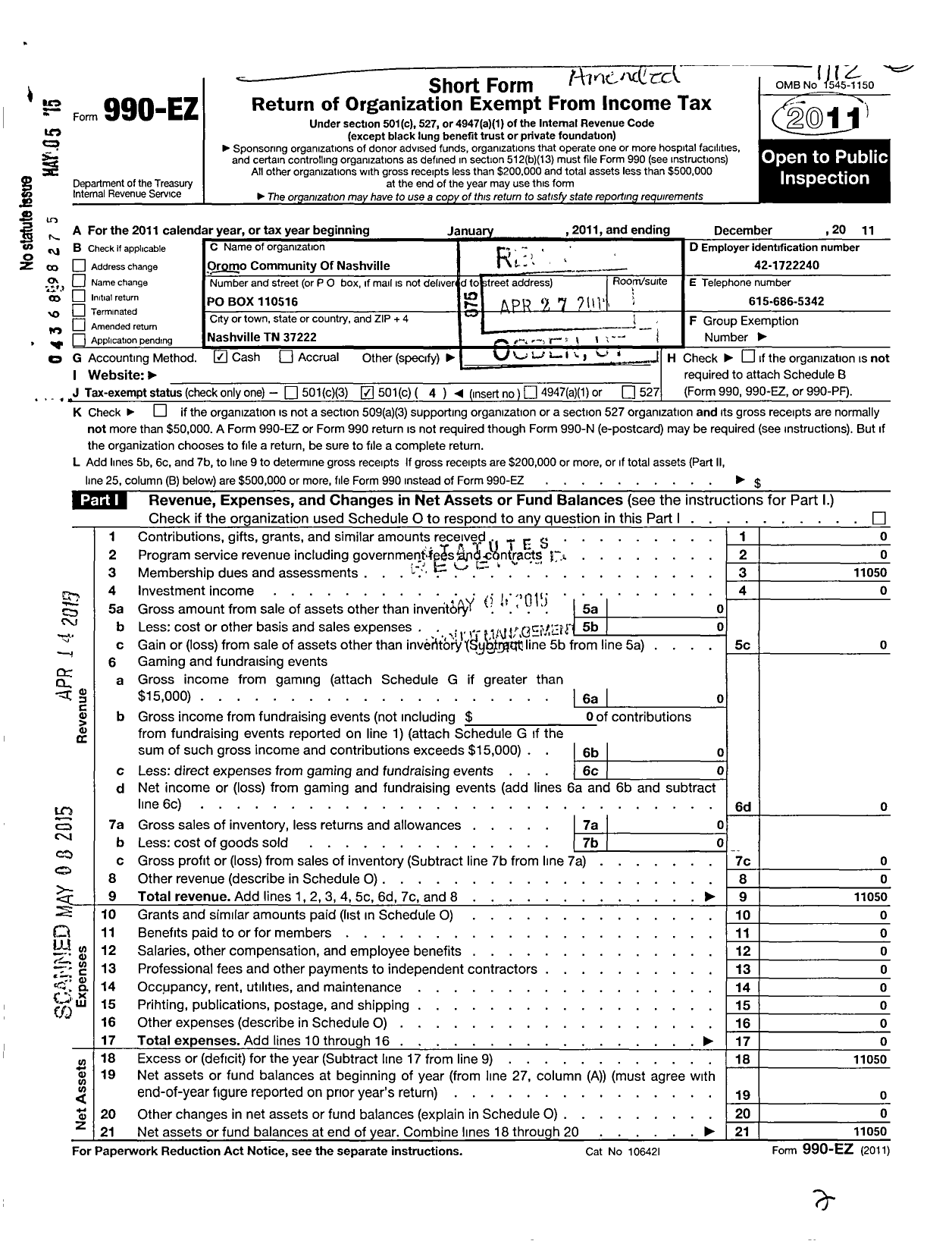 Image of first page of 2011 Form 990EO for Oromo Community of Nashville