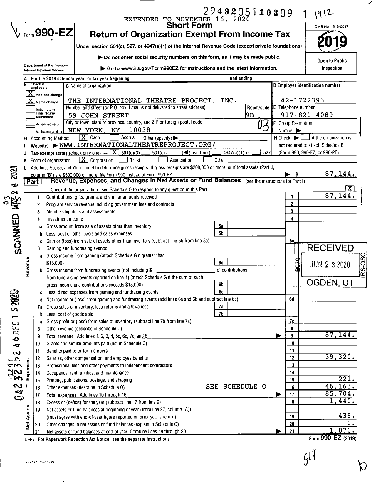 Image of first page of 2019 Form 990EZ for The International Theatre Project