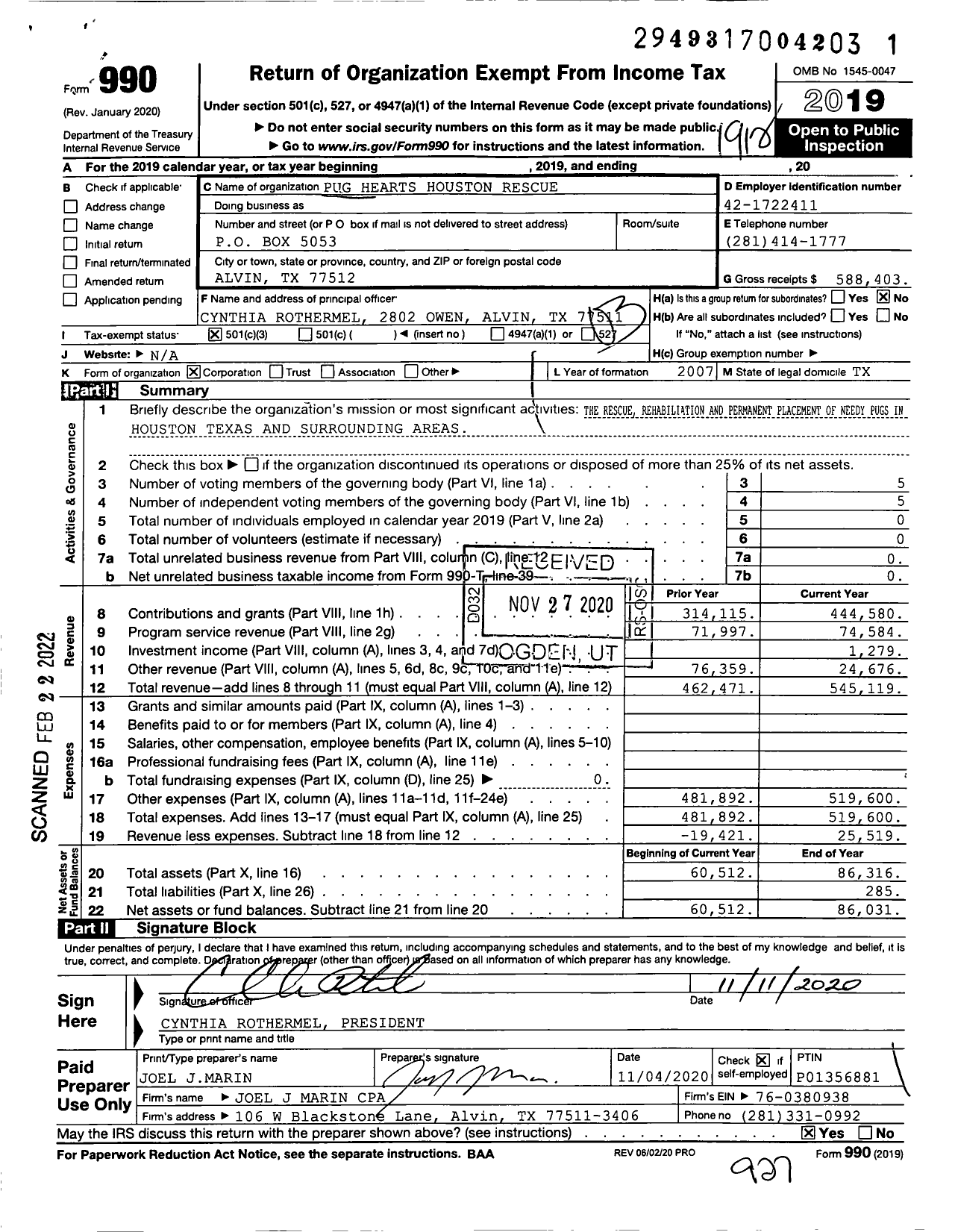 Image of first page of 2019 Form 990 for Pug Hearts Houston Rescue