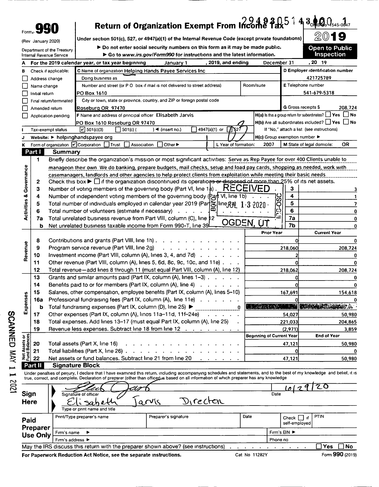 Image of first page of 2019 Form 990 for Helping Hands Payee Services