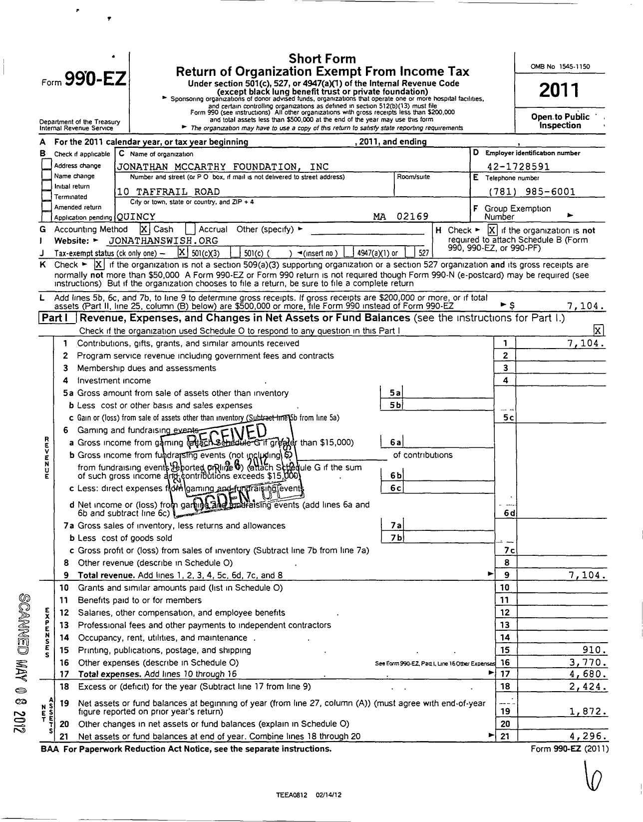 Image of first page of 2011 Form 990EZ for Jonathan Mccarthy Foundation