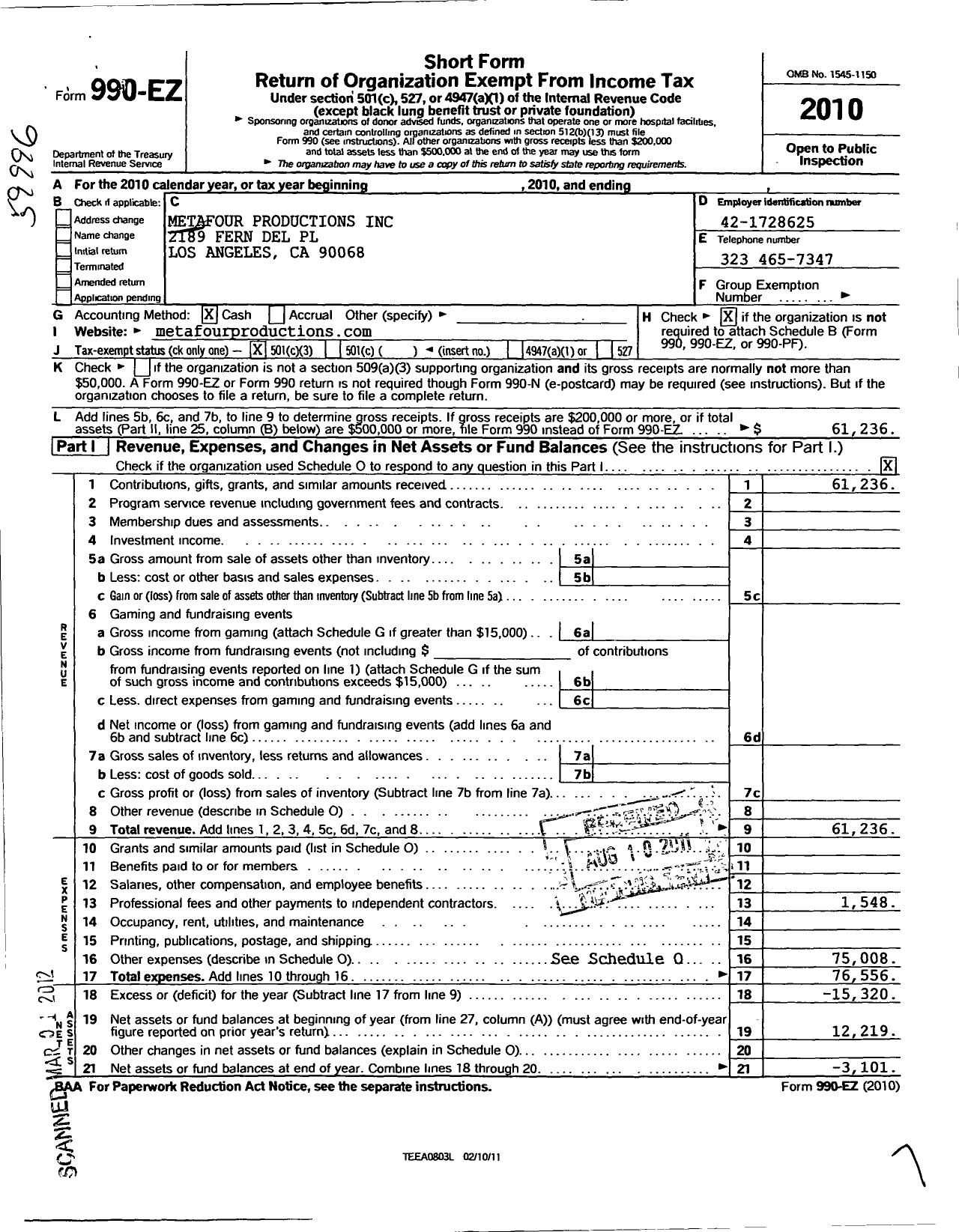 Image of first page of 2010 Form 990EZ for Metafour Productions