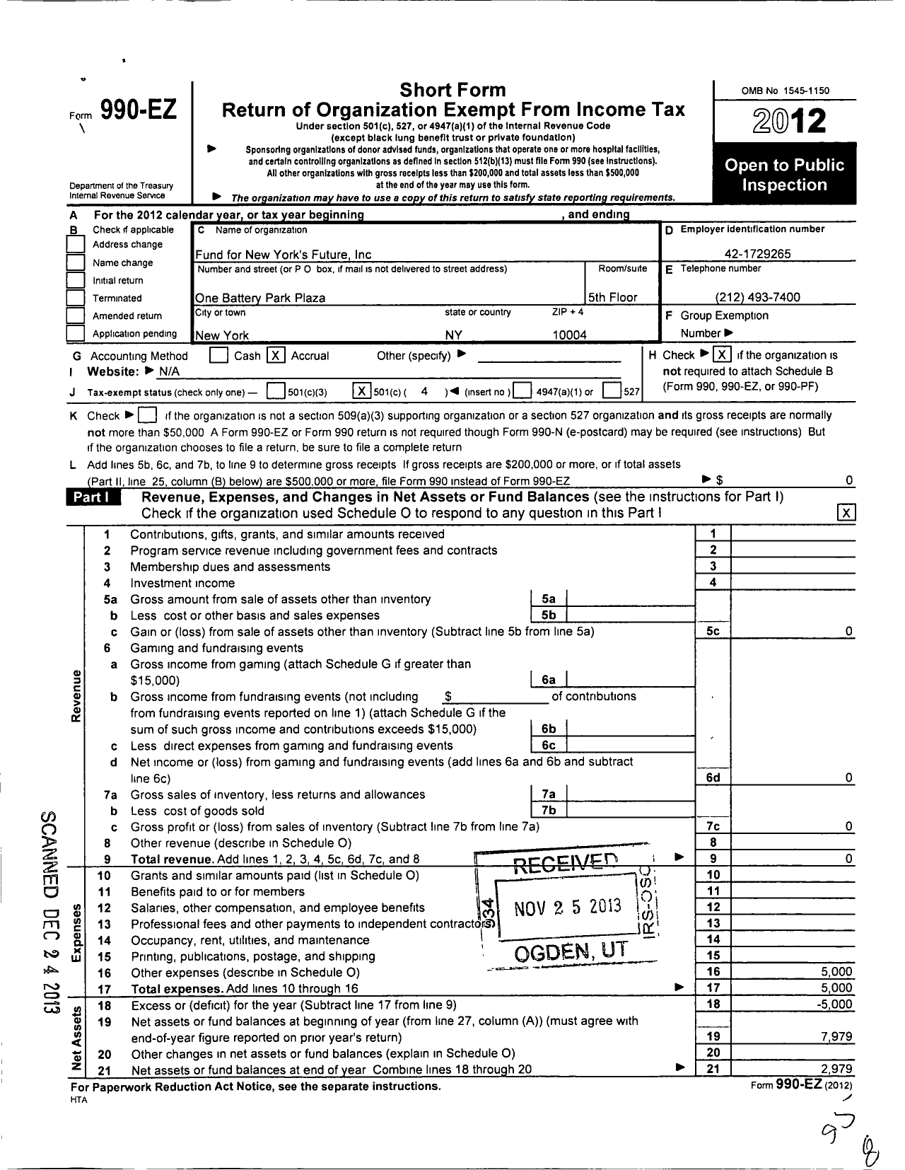 Image of first page of 2012 Form 990EO for Fund for New York's Future