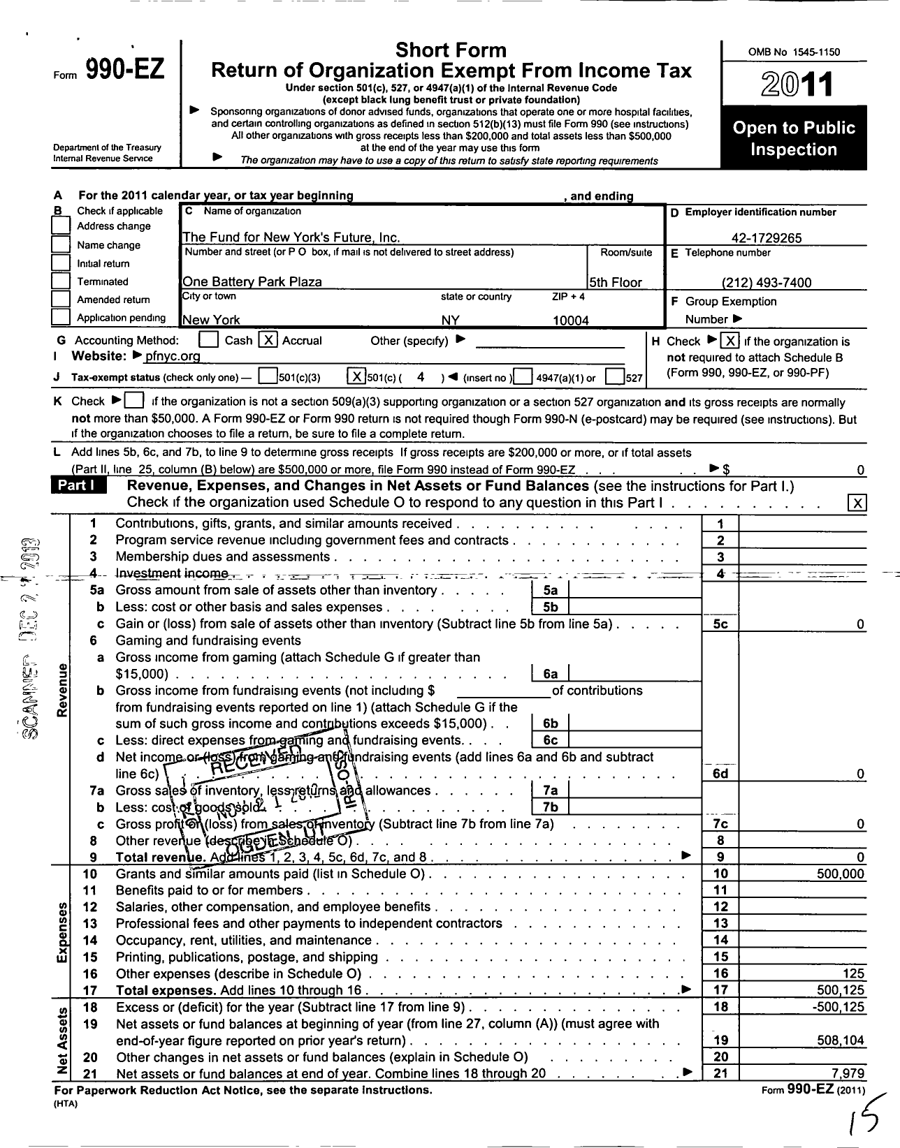 Image of first page of 2011 Form 990EO for Fund for New York's Future