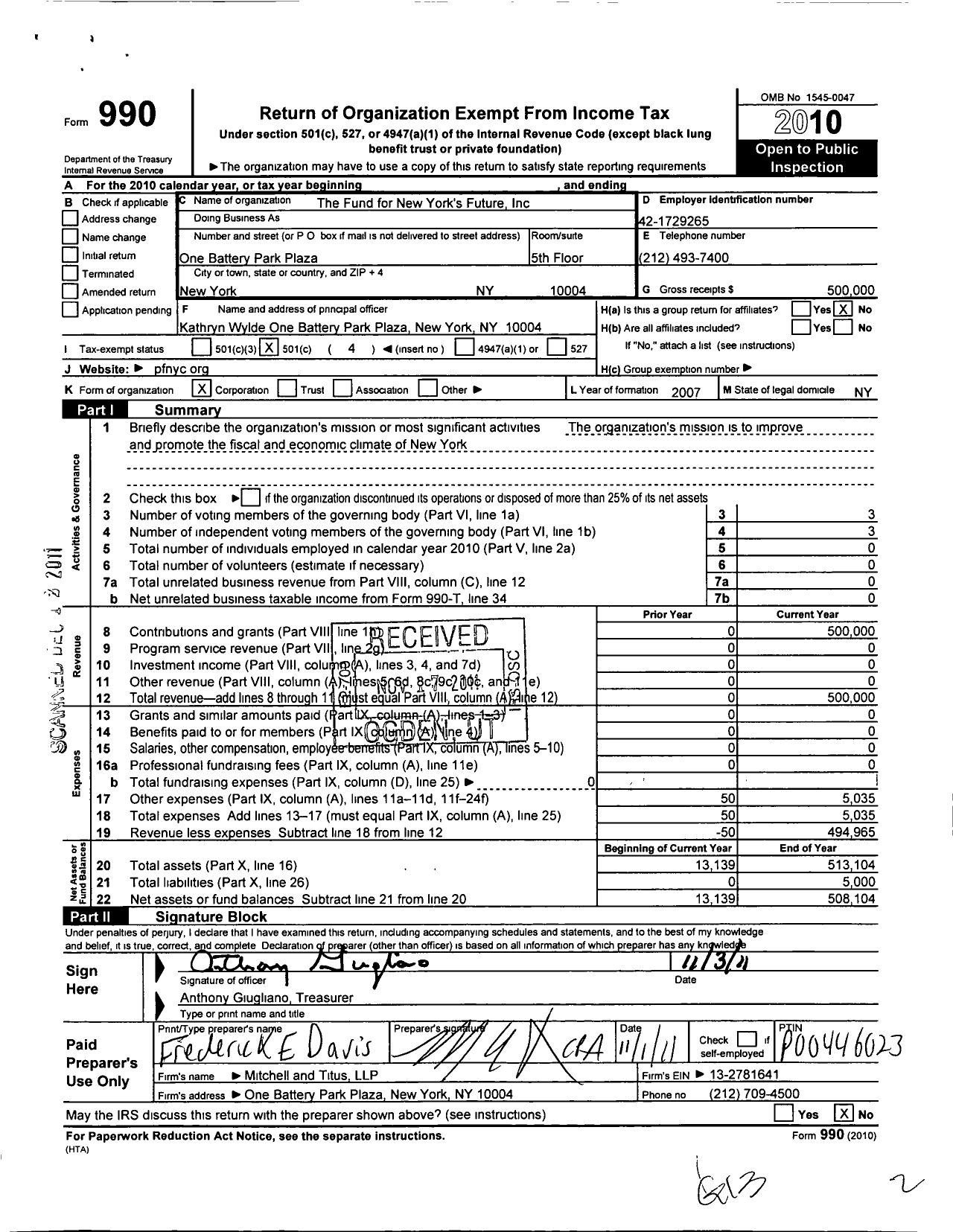 Image of first page of 2010 Form 990O for Fund for New York's Future