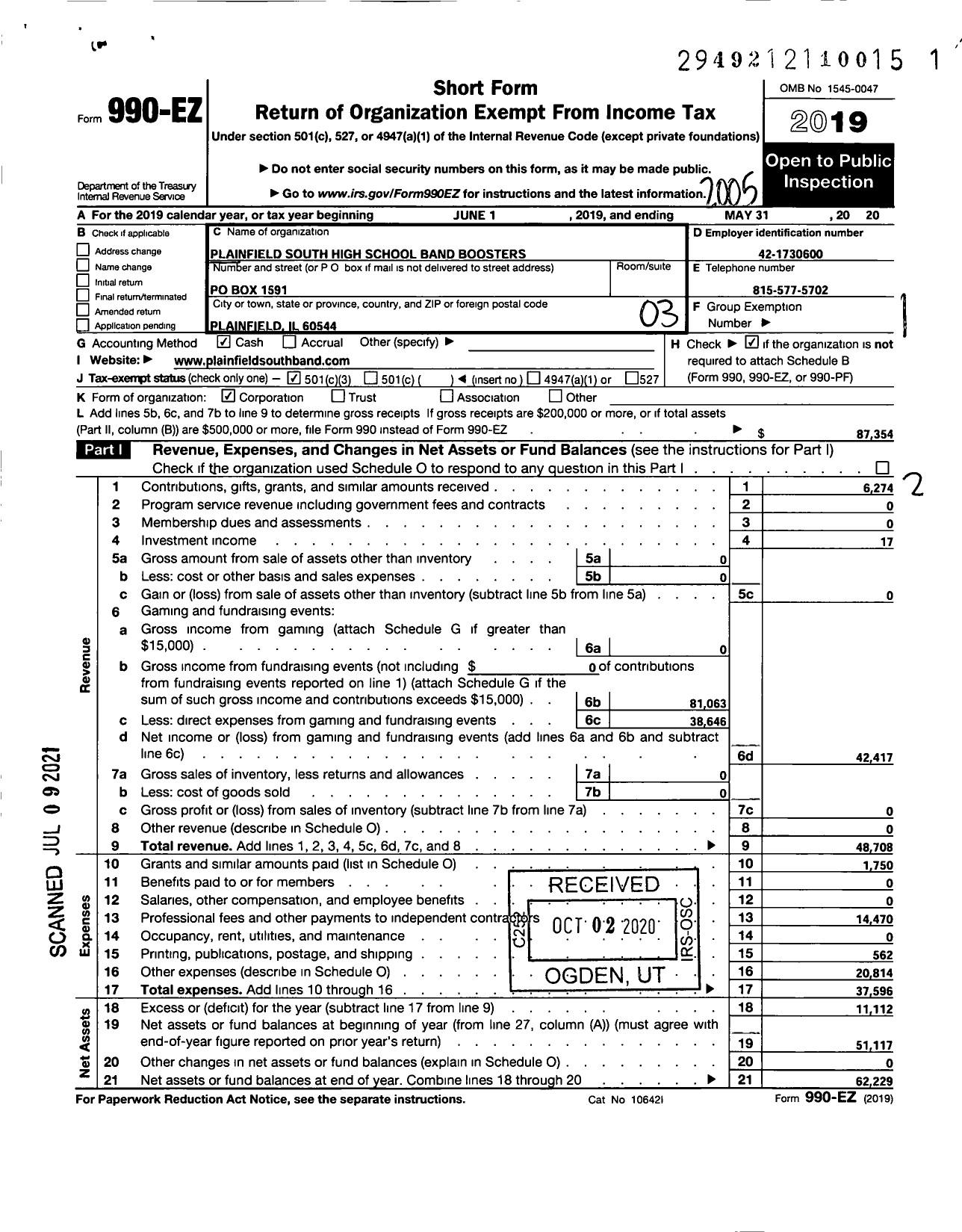 Image of first page of 2019 Form 990EZ for Plainfield South HS Band Boosters