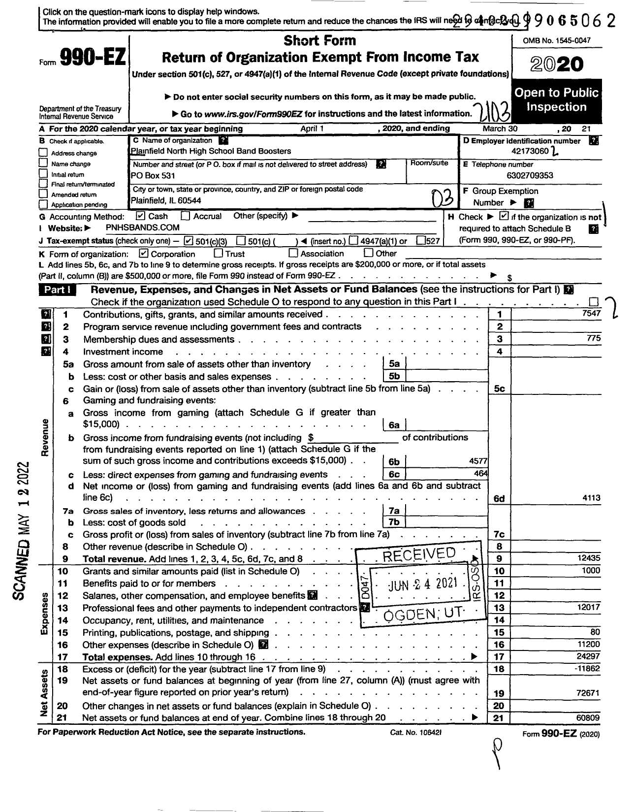 Image of first page of 2020 Form 990EZ for Plainfield North High School Band Boosters