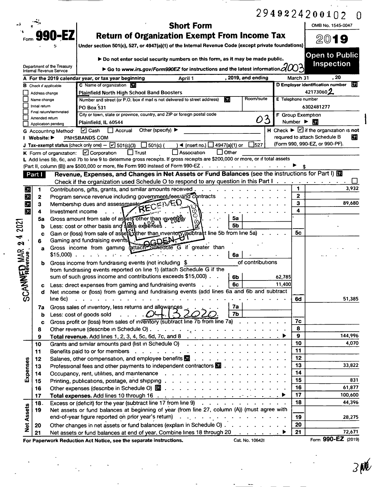 Image of first page of 2019 Form 990EZ for Plainfield North High School Band Boosters