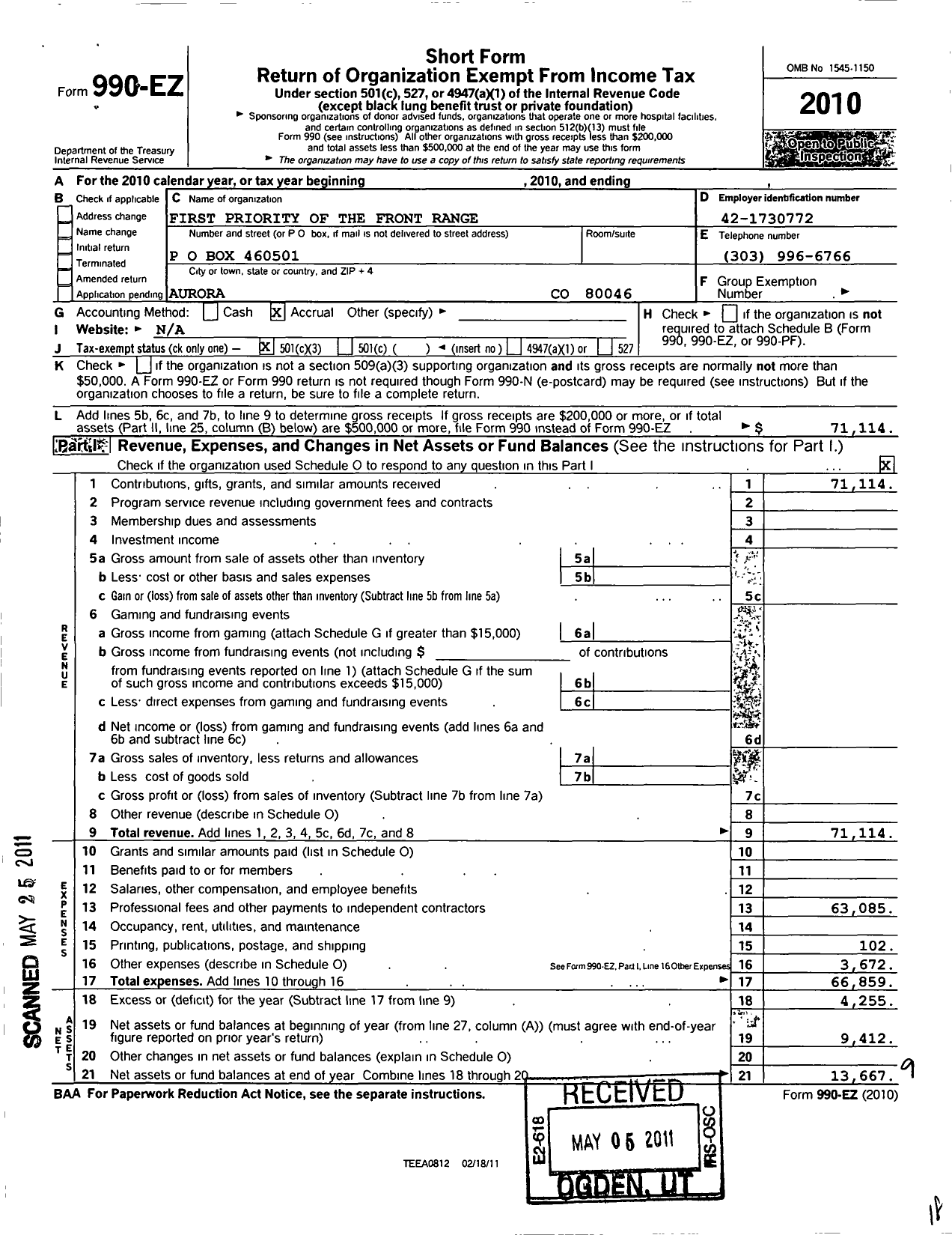 Image of first page of 2010 Form 990EZ for First Priority of the Front Range