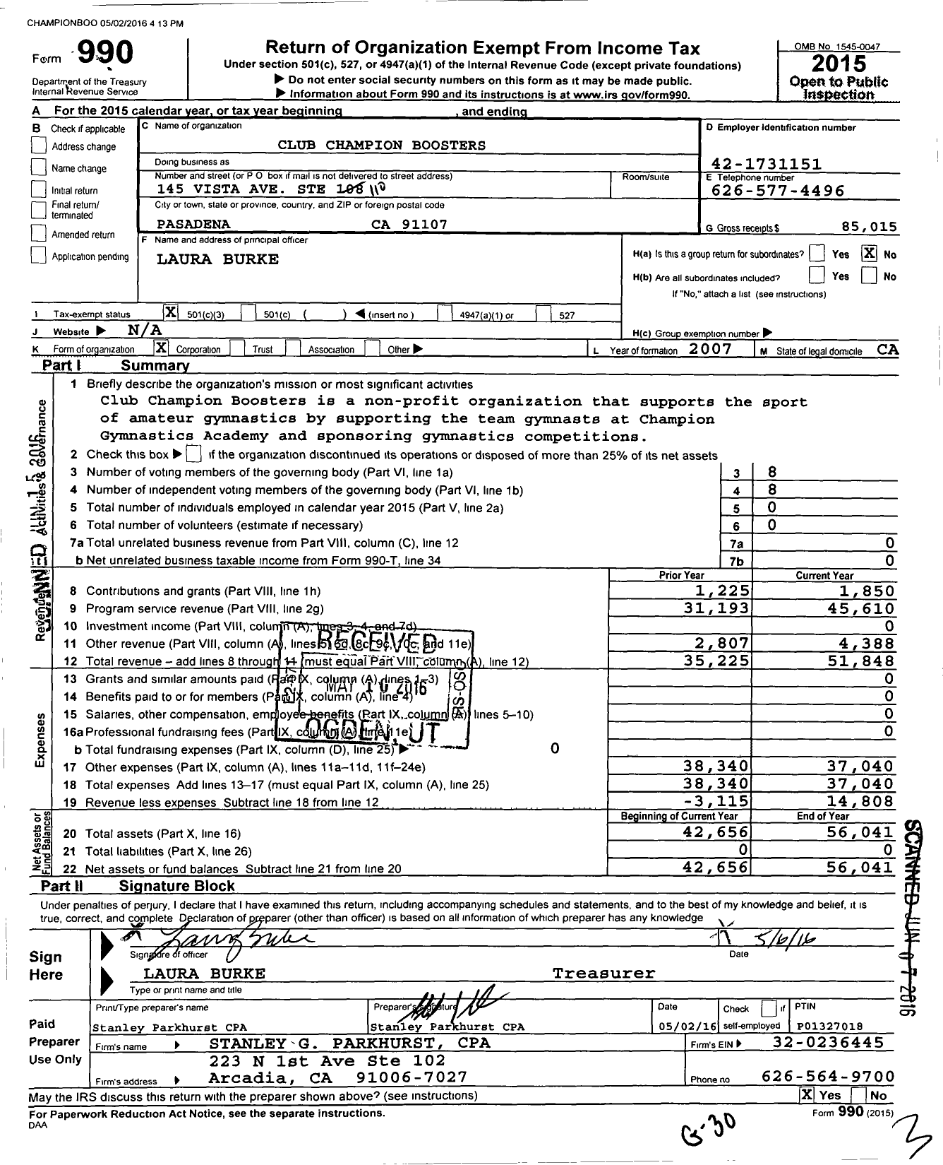 Image of first page of 2015 Form 990 for Club Champion Boosters