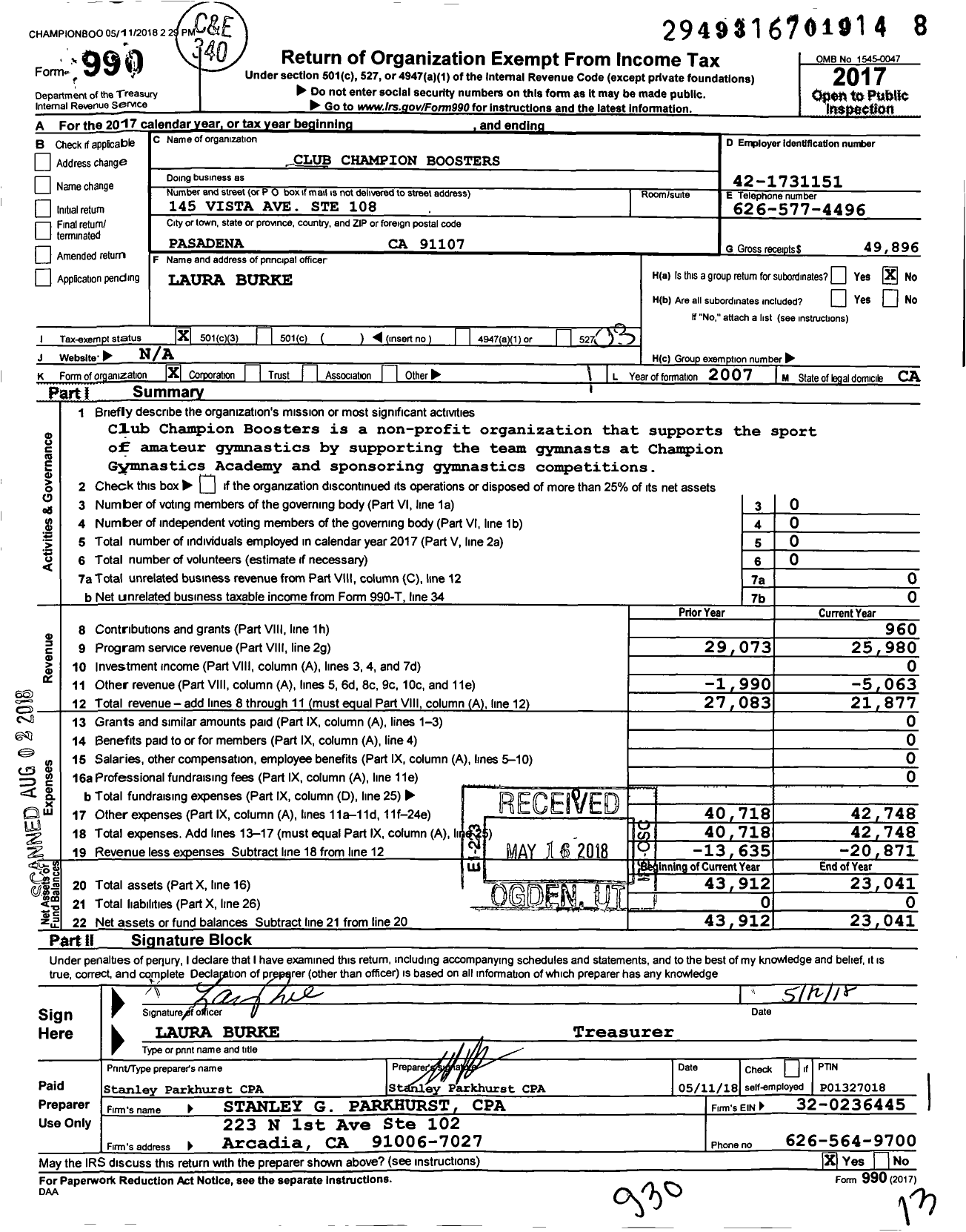 Image of first page of 2017 Form 990 for Club Champion Boosters
