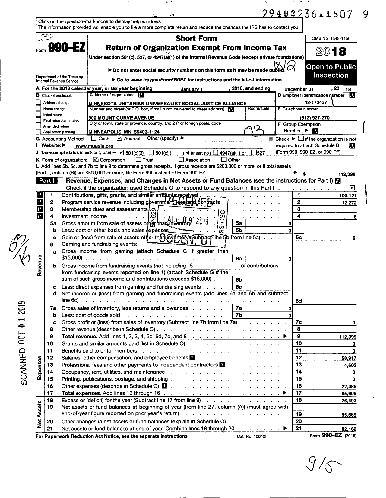 Image of first page of 2018 Form 990EZ for Minnesota Unitarian Universalist Social Justice Alliance