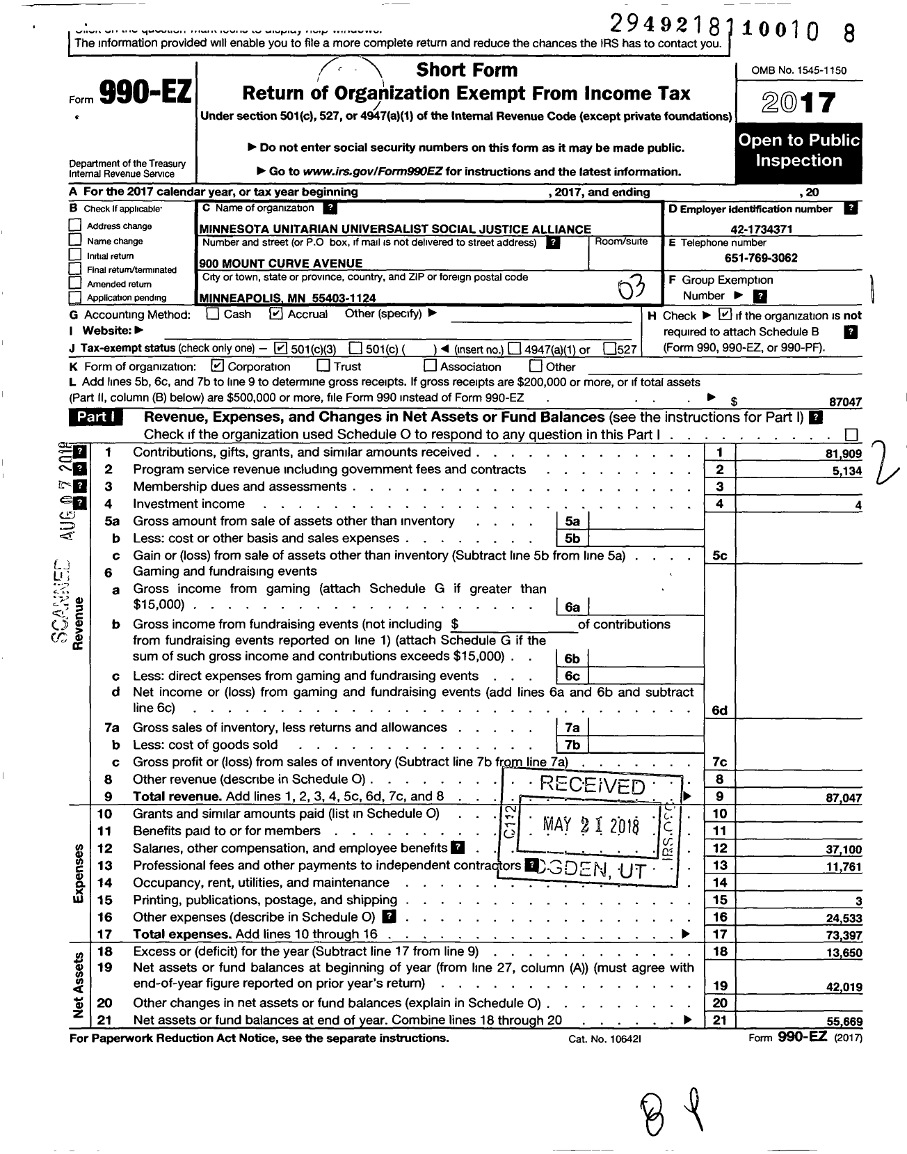 Image of first page of 2017 Form 990EZ for Minnesota Unitarian Universalist Social Justice Alliance