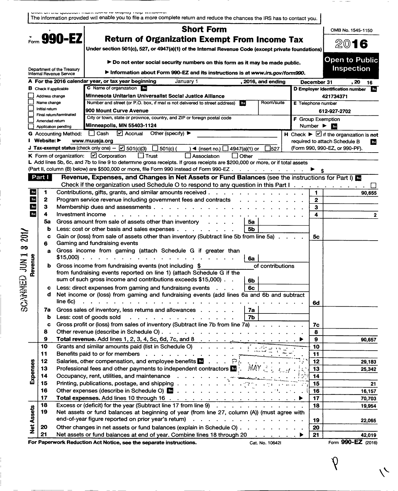 Image of first page of 2016 Form 990EZ for Minnesota Unitarian Universalist Social Justice Alliance