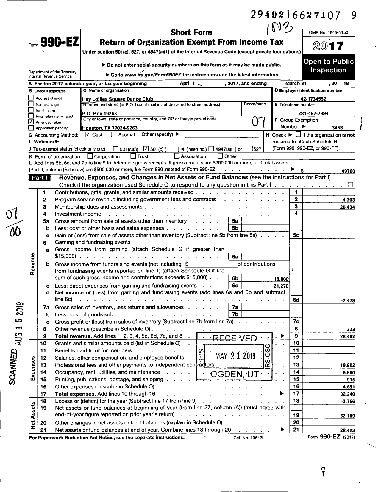 Image of first page of 2017 Form 990EO for Houston Square and Round Dance Council / Hey Lollies Square Dance Club