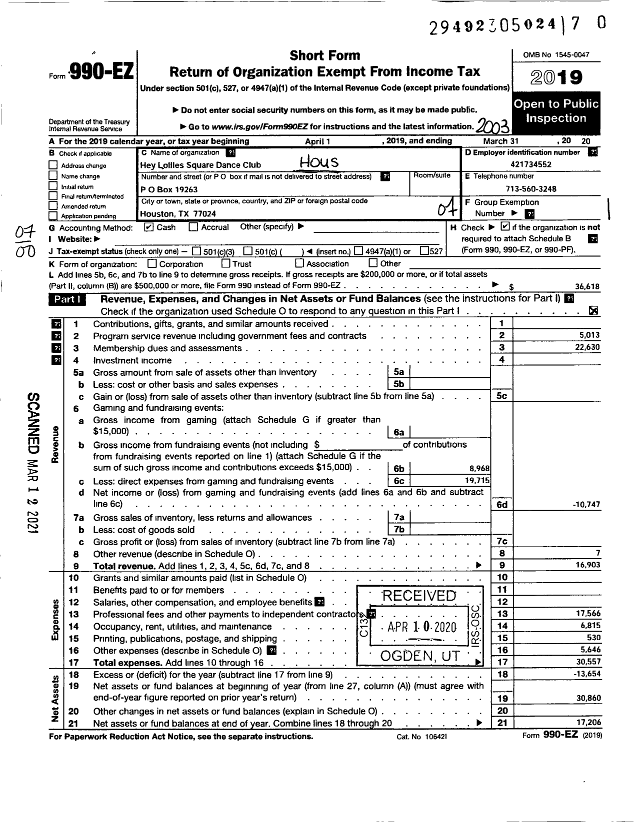 Image of first page of 2019 Form 990EO for Houston Square and Round Dance Council / Hey Lollies Square Dance Club