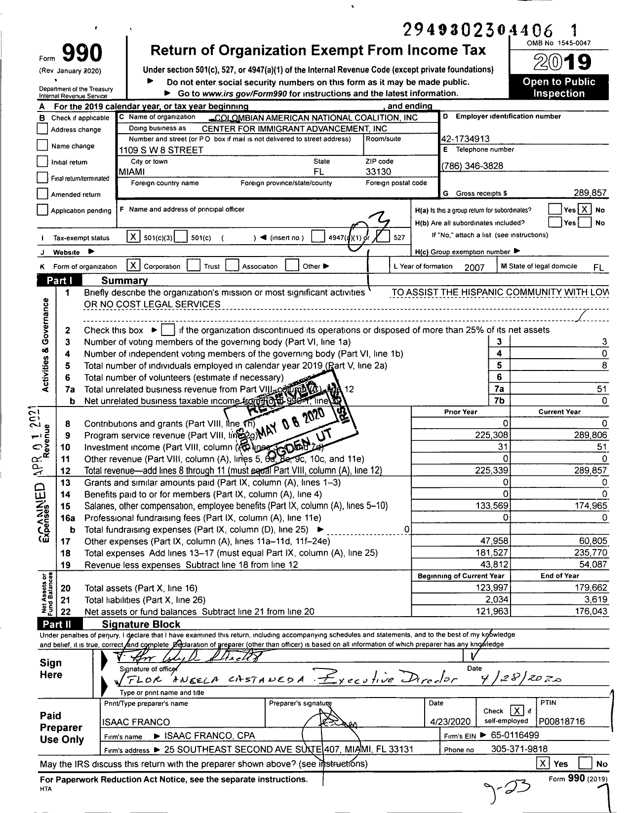 Image of first page of 2019 Form 990 for Center for Immigrant Advancement