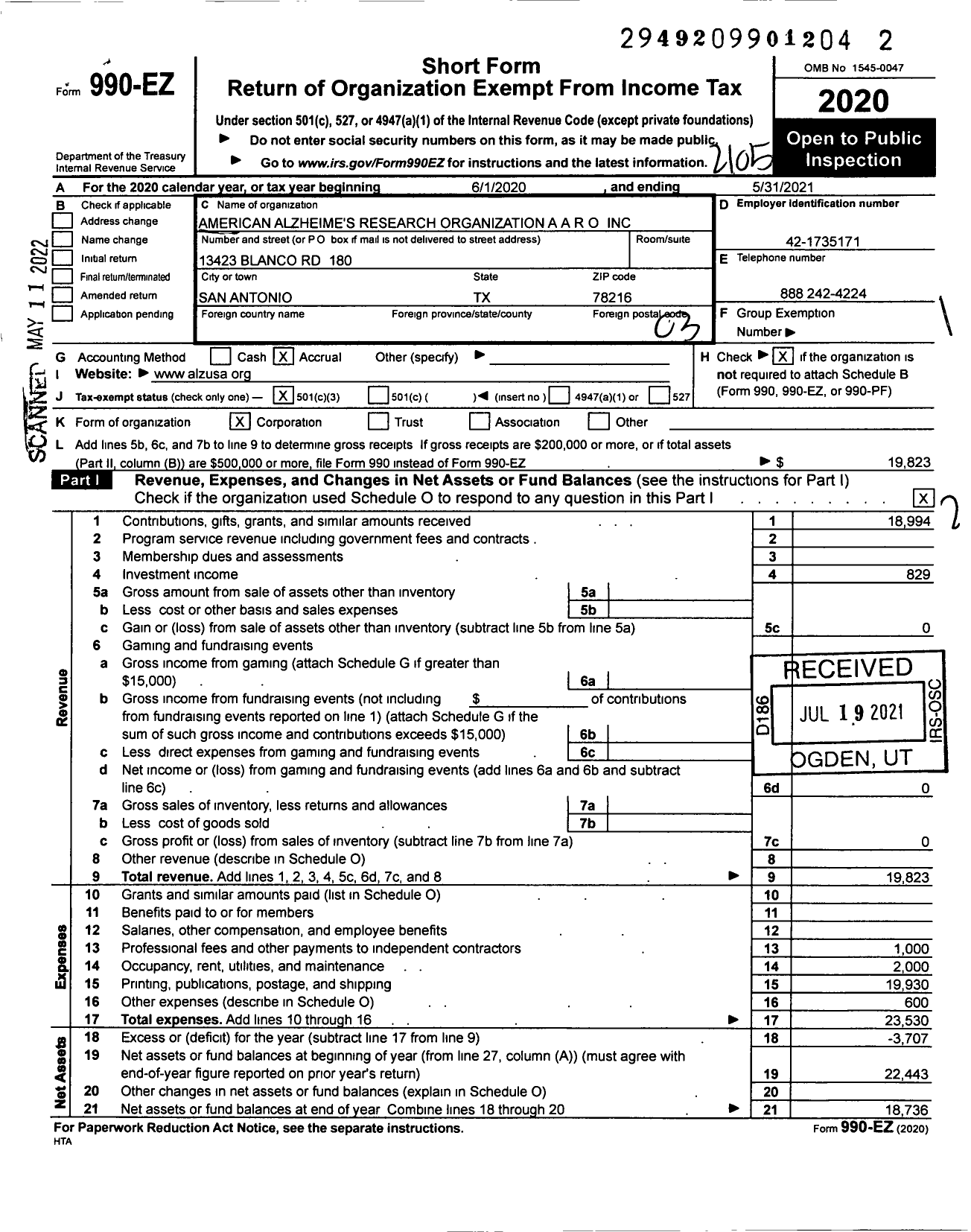 Image of first page of 2020 Form 990EZ for American Alzheimers Research Organization