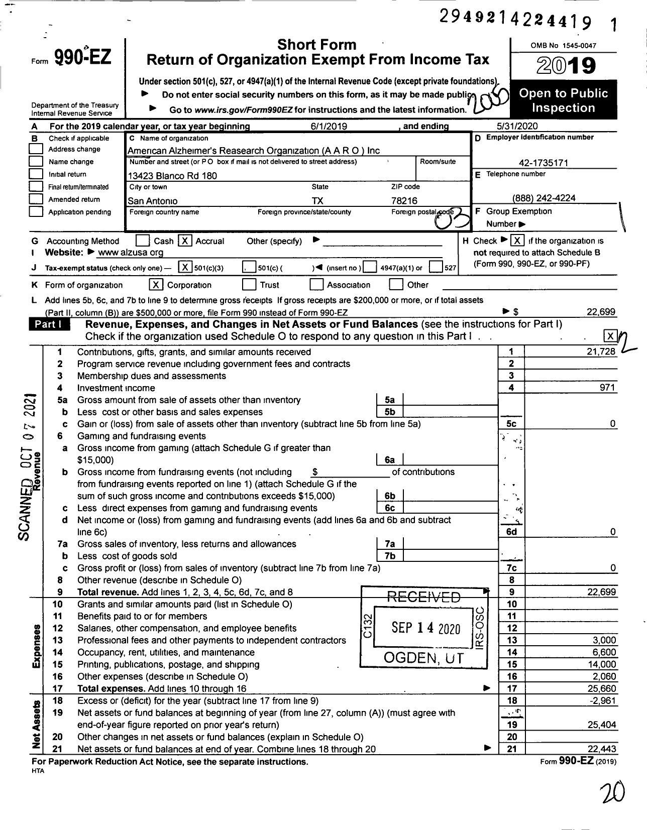 Image of first page of 2019 Form 990EZ for American Alzheimers Research Organization