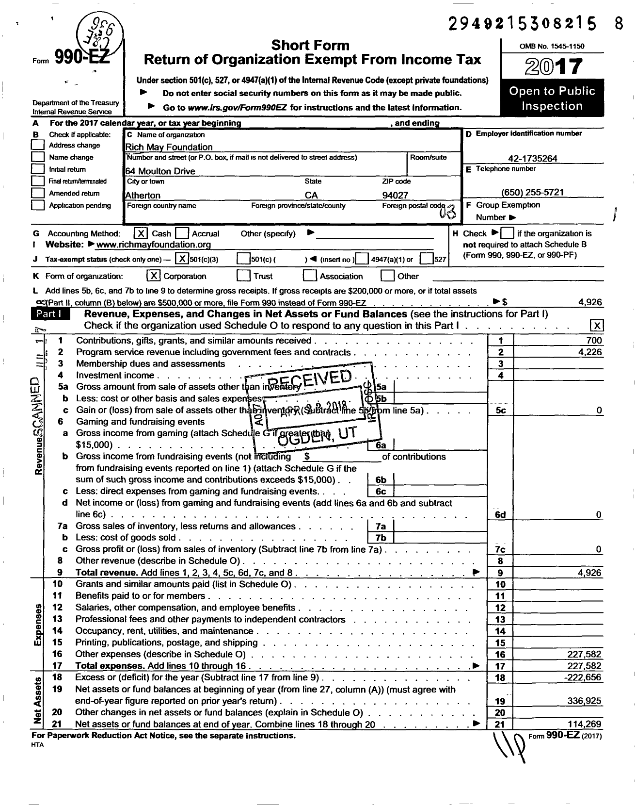 Image of first page of 2017 Form 990EZ for Rich May Foundation