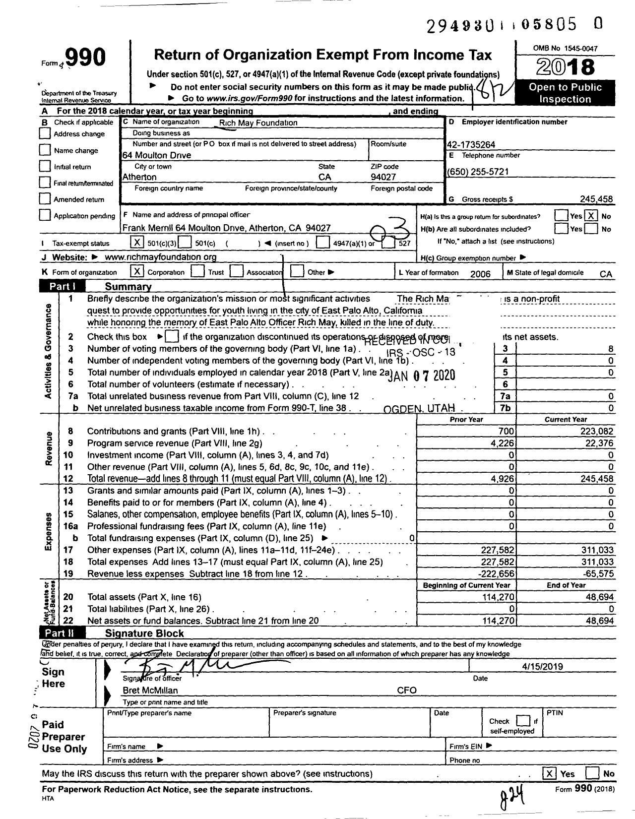 Image of first page of 2018 Form 990 for Rich May Foundation