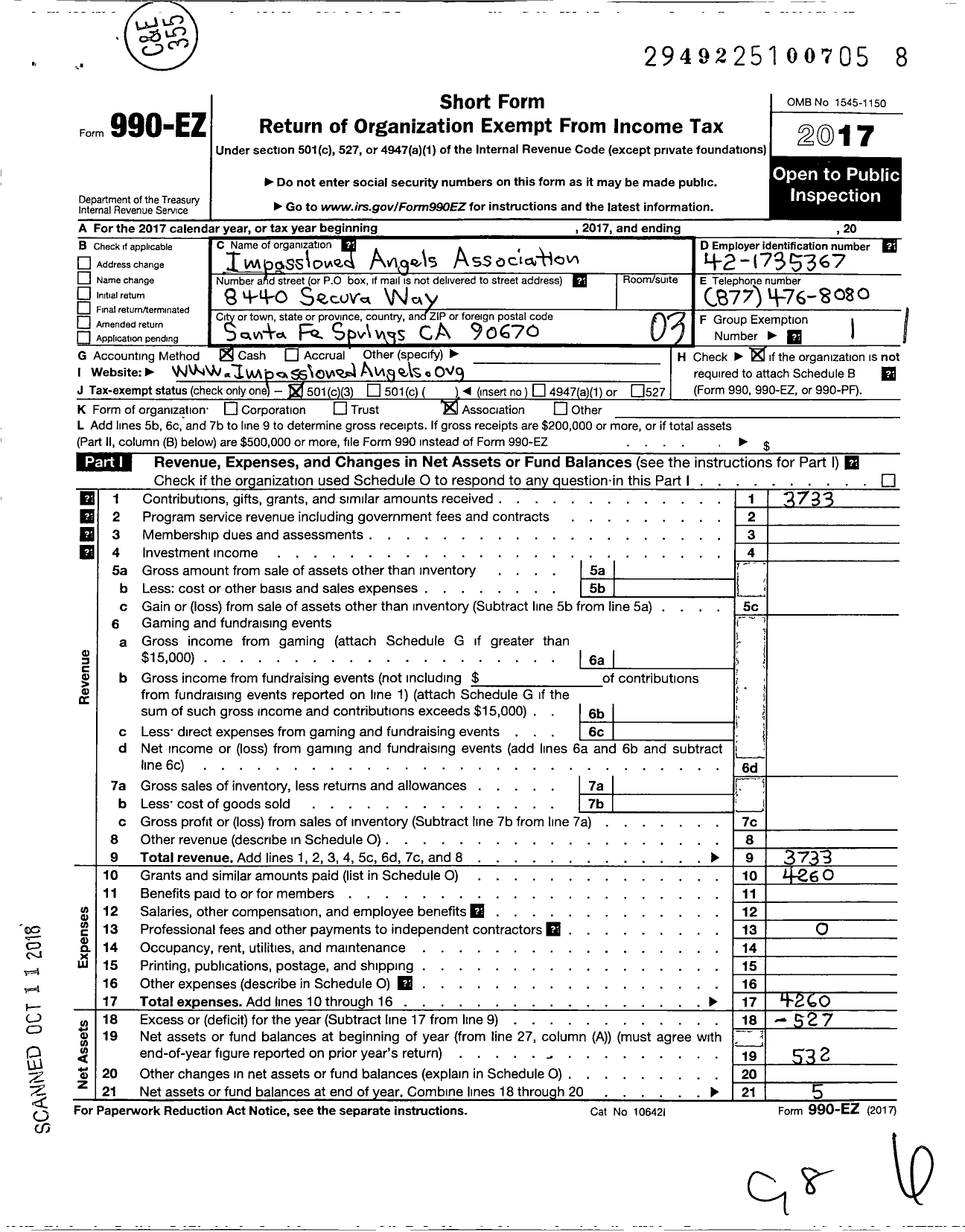 Image of first page of 2017 Form 990EZ for Impassioned Angels Association