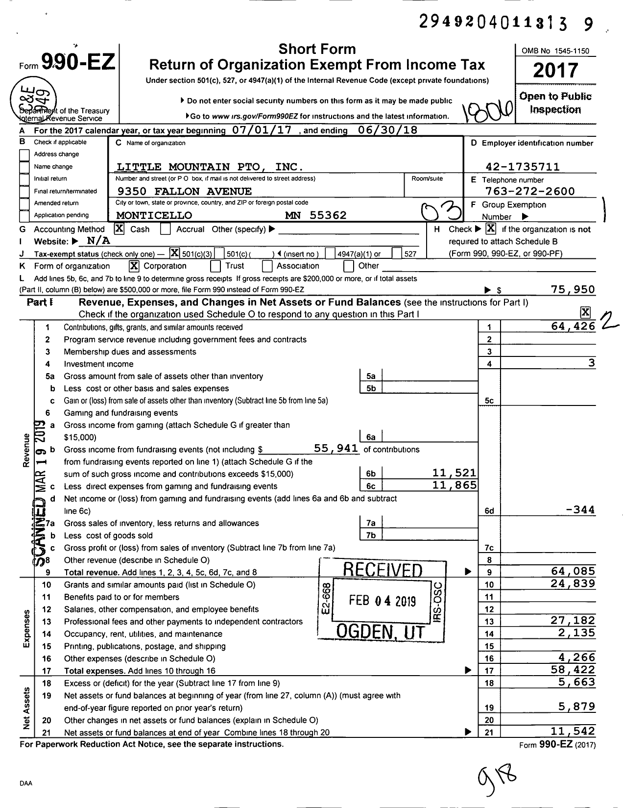 Image of first page of 2017 Form 990EZ for Little Mountain Pto