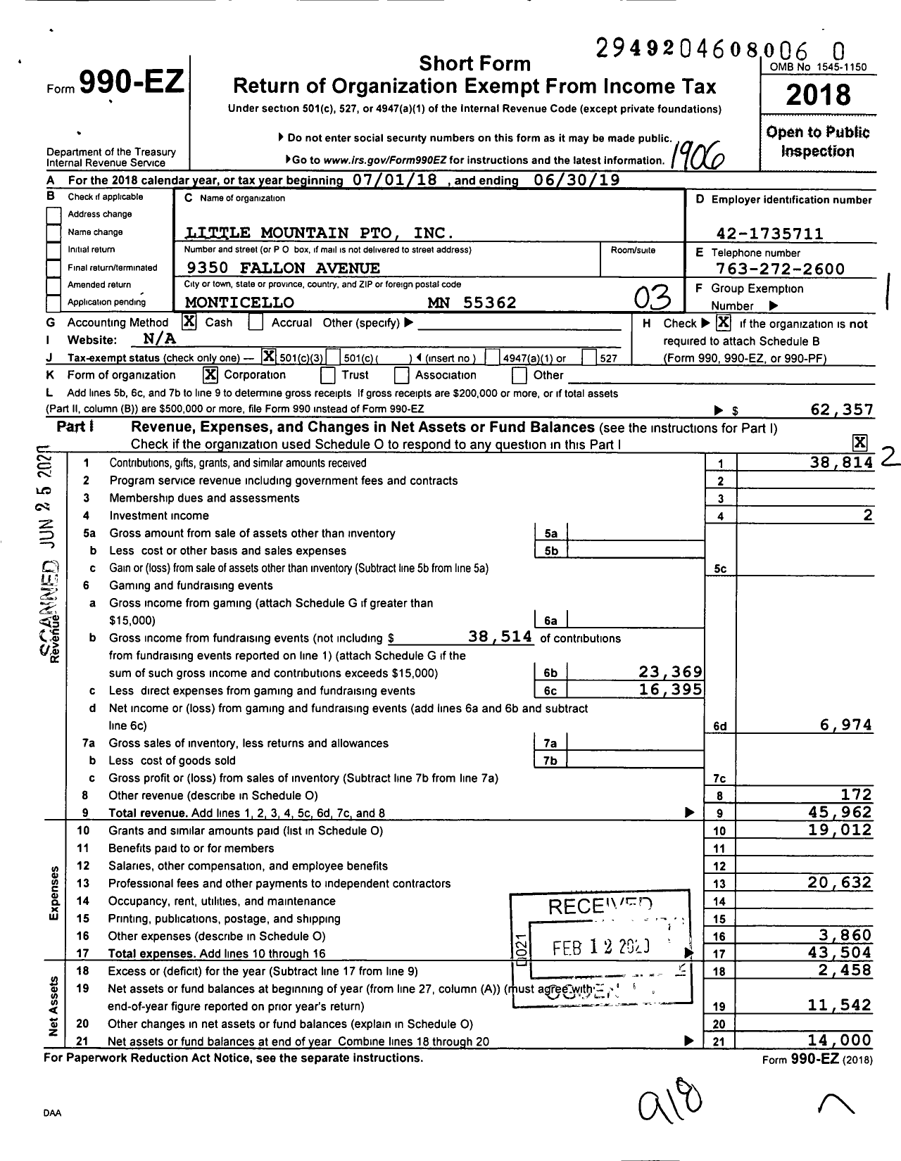 Image of first page of 2018 Form 990EZ for Little Mountain Pto