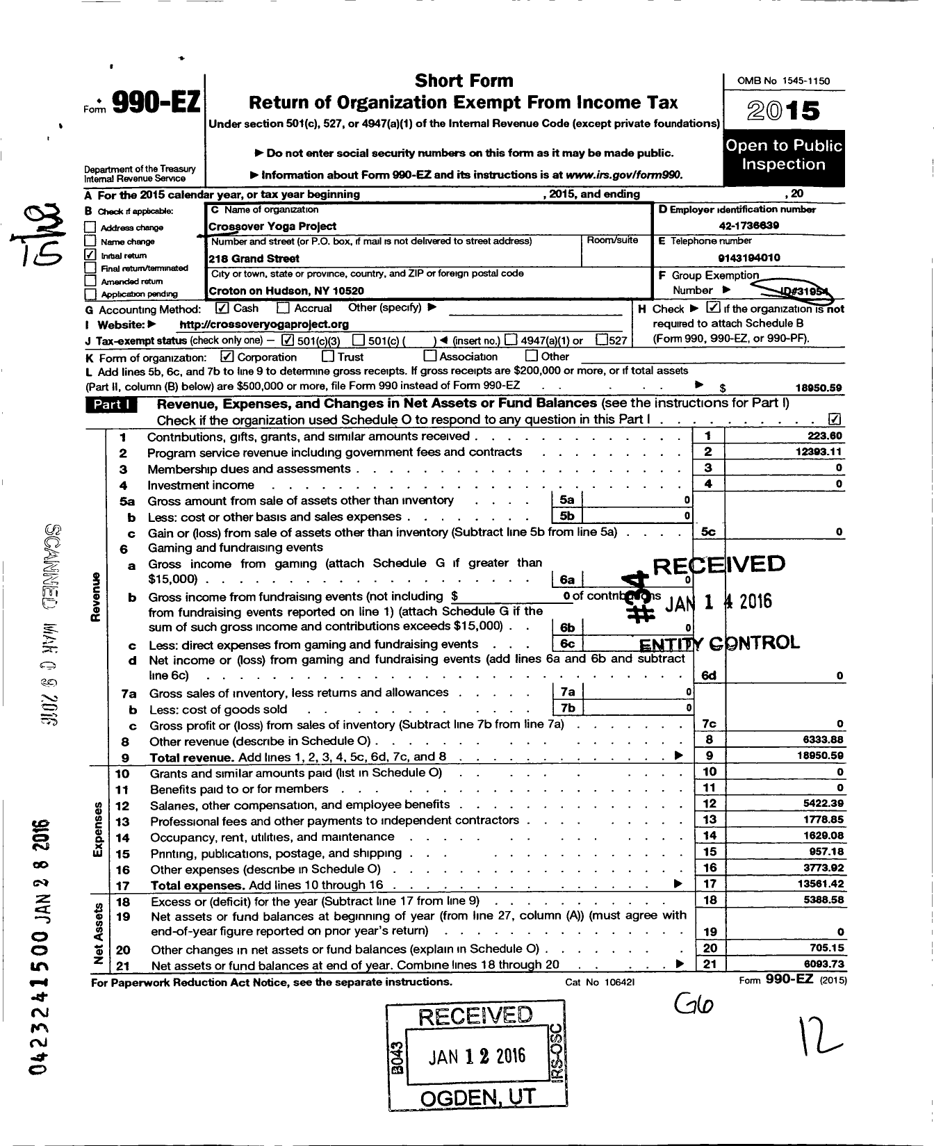 Image of first page of 2015 Form 990EZ for Crossover Yoga Project